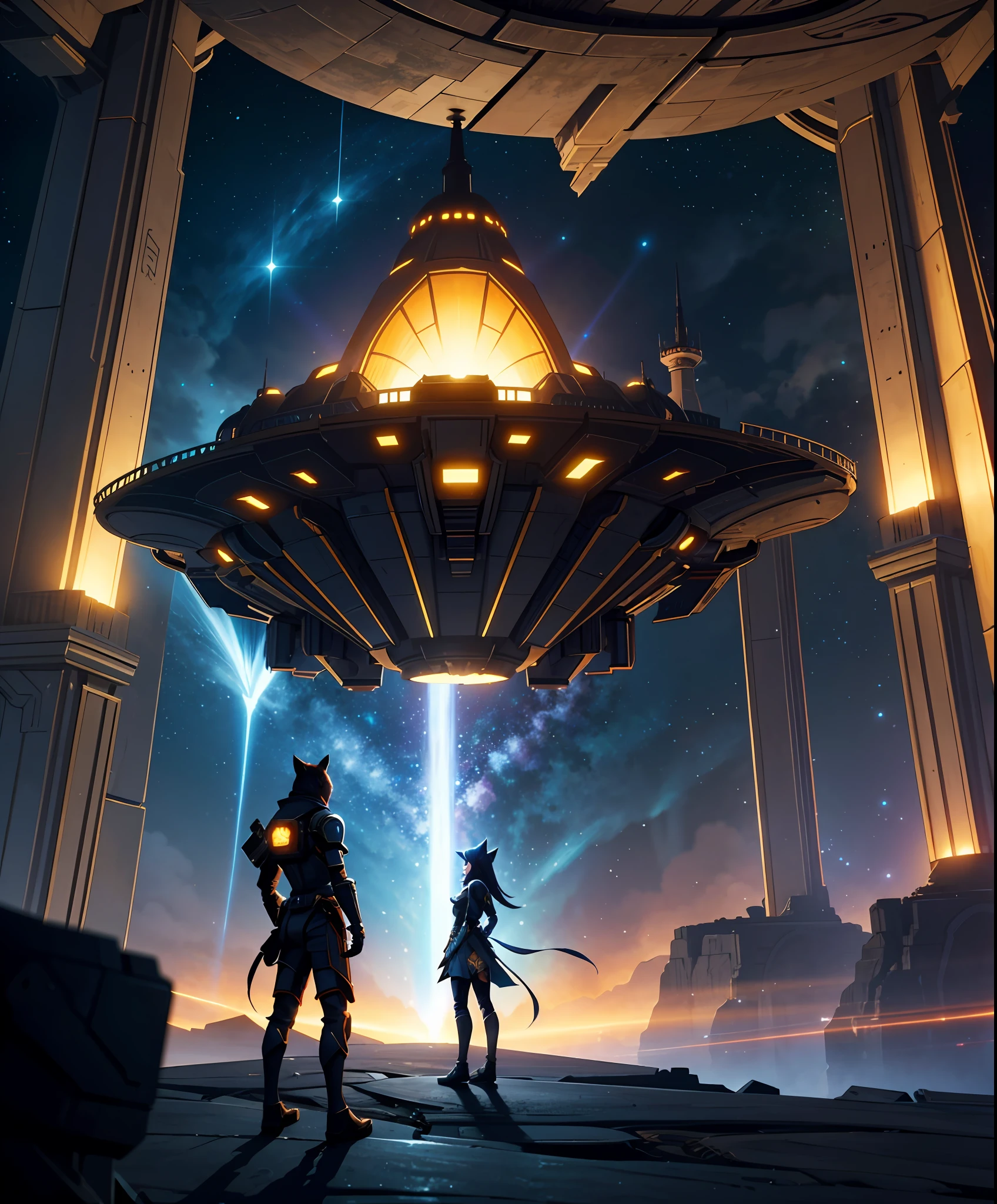 a high fantasy concept of two cats piloting a space ship, through the wide Galaxy background. trending on Artstation. dnd + d& d + mtg + Poxnora, professional zombie design, epic design, epic, 8k, highly detailed, very detailed digital painting, full figure, ultra detailed, photorealistic, unreal engine 5, CGI, high octane render, volumetric lighting, aray tracing