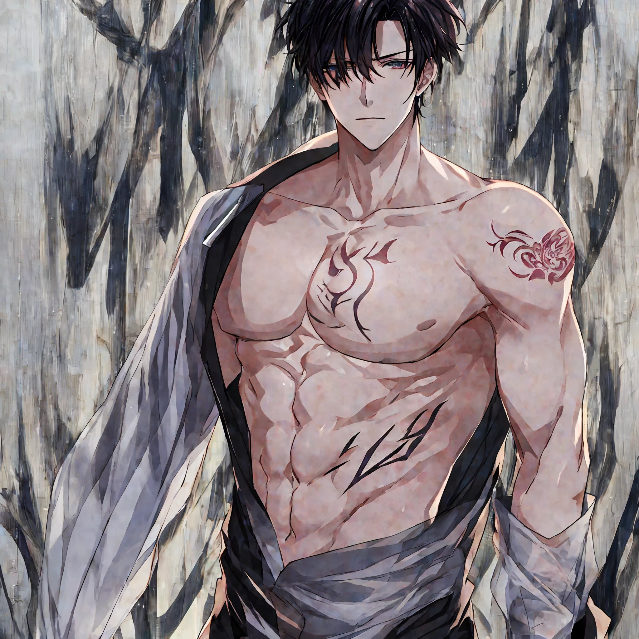 (anime) The man( Young)is muscular, 6 pack full body, he is naked, his is swollen and watery . Wear transparent underwear .Full of . Panties open, exposed .sucking my hand. bulge, Transparent clothes,looking at viewer, Tattoo on chest