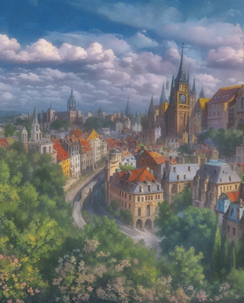 arafed view of a city with a clock tower and a clock tower, outdoors european cityscape, realistic photo of a town, hdr digital painting, medieval town landscape, by Eugeniusz Zak, realistic painting of a complex, city view, medieval city background, townscape, digitally painted, tonemapped, beautiful cityscape, digital painted, painting of