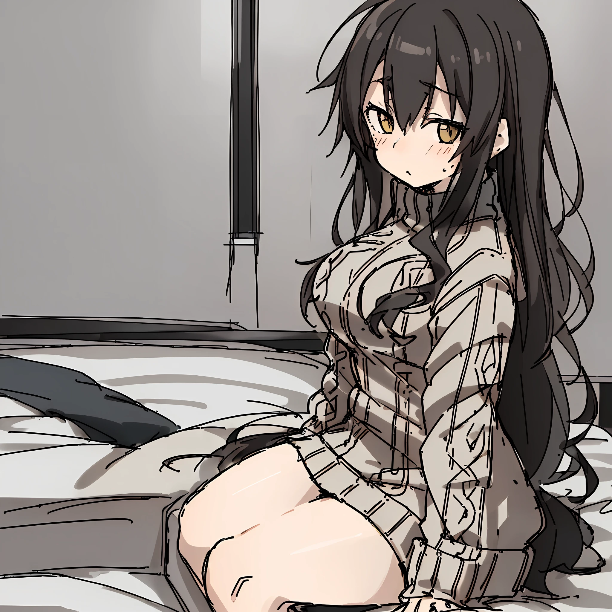 sketch, tsukumizu yuu \(style\), line art, masterpiece, solid colors, 1girl, (oversized_sweater:1.3), colorful oversized_sweater, good hand, best quality,  night, dynamic angle, [:(detailed face:1.2):0.2],(((sitting on a bed)))