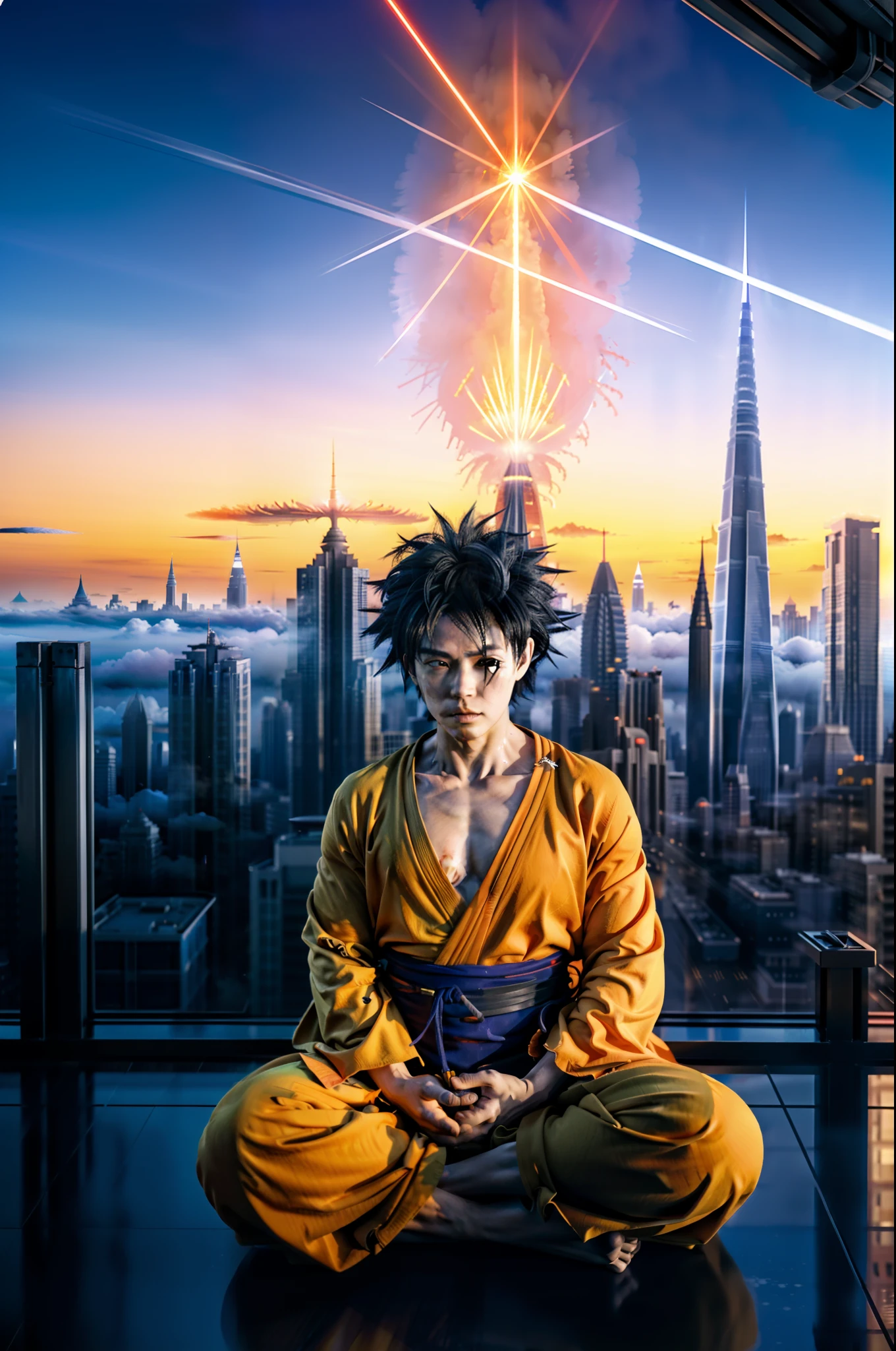 Goku em Bespin, a powerful warrior from another planet, trains in the floating city of Bespin high above the clouds. The futuristic cityscape is awe-inspiring, with towering skyscrapers and bustling air traffic. Goku trains with intense focus, surrounded by a calm and serene atmosphere that belies the city's frenetic energy. The atmosphere is filled with a sense of anticipation, as if Goku is preparing for an impending battle. The lighting is dim, with a diffuse, yellow hue that casts long shadows on the ground, adding to the pensive mood #endl