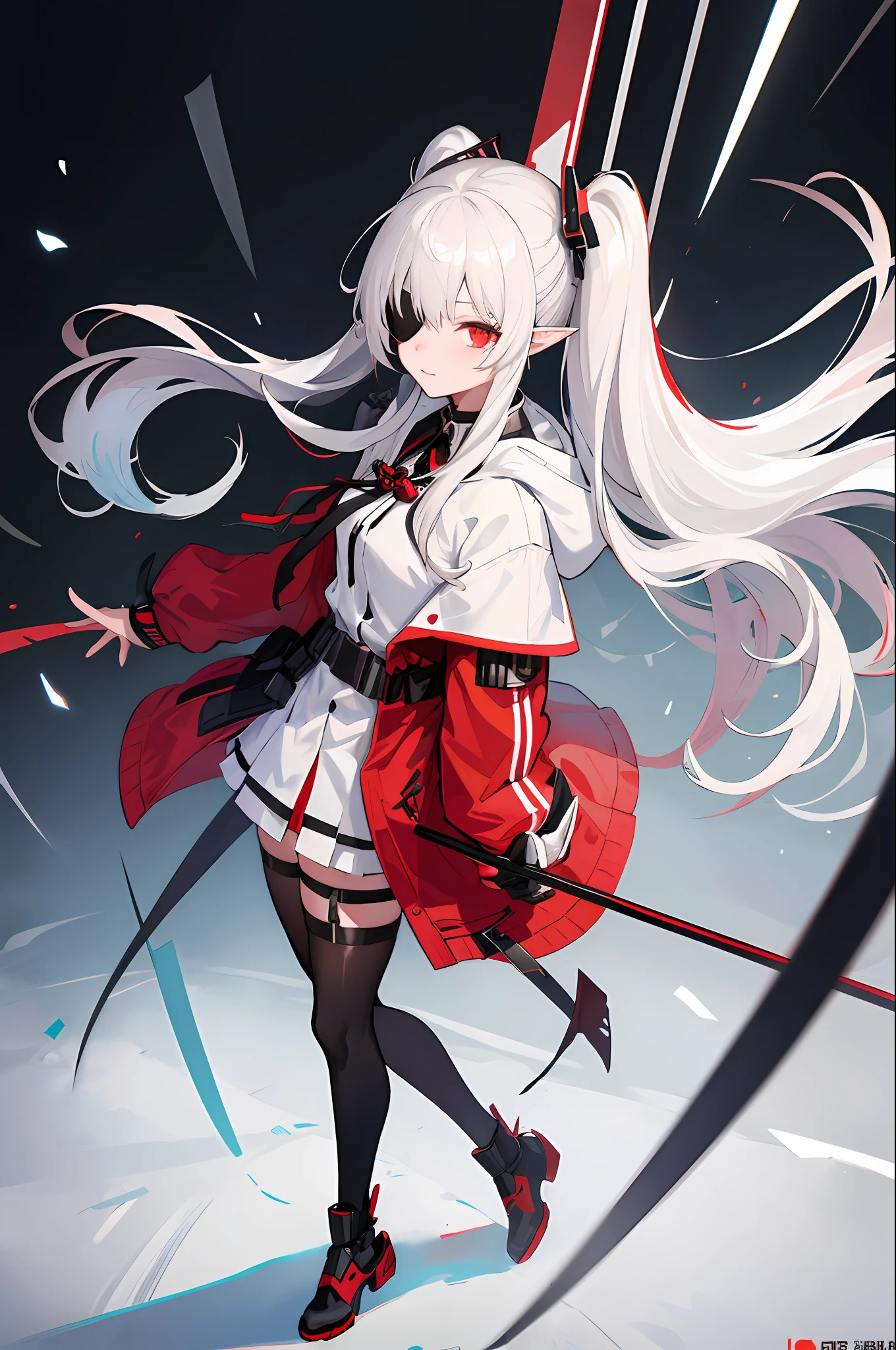 anime girl in red jacket with long white hair and black stockings, a character portrait by Kamagurka, pixiv, shin hanga, from girls frontline, characters from azur lane, azur lane style, silver eyes full body, from arknights, girls frontline style, fine details. girls frontline, girls frontline universe, twintails white_gloves, modern day attire, contemporary attire, smug, pointy ears, bangs, fine details, white haired deity, hood, hood down, thigh-highs, solo, windbreaker, holding cane against ground, black eyepatch over eye
