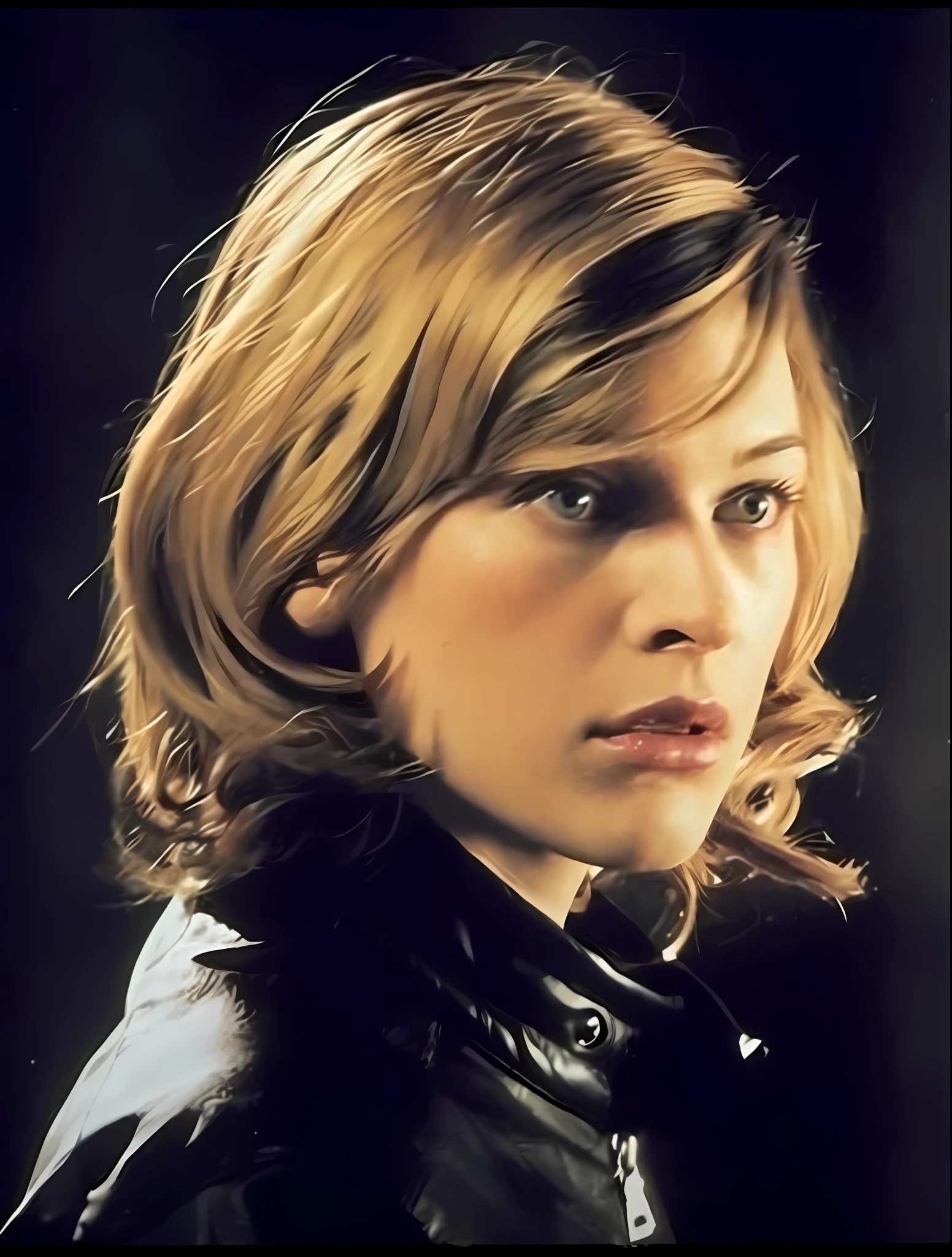 a close up of a woman with a leather jacket on, jodie foster, trinity from the matrix, cate blanchett, nicole de boer, cylon, androgynous person, androgyny, french bob, chin-length hair, portrait of blade runner rachael, sandra, inspired by Andrew Boog Faithfull, lianna, cate blanchet, lebanon kirsten dunst