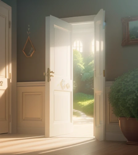 (extremely detailed CG unity 8k wallpaper, masterpiece, best quality, ultra-detailed), (breathtaking illumination, best shadow, an extremely delicate and beautiful), (floating country house, adorable dog sitting at the door, surrounded by lush greenery), high saturation