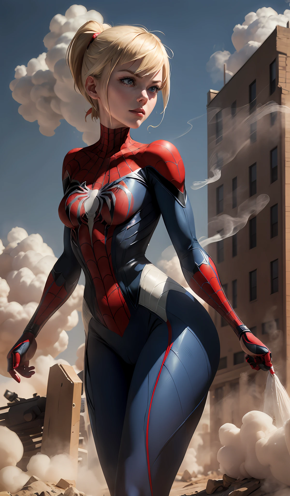 Gwen Stacy, 4k, realistic, charismatic, very detailed, in the middle of the smoke on the battlefield, wearing the blue white and red uniform of Spider-Man, she is Spider-Man, superhero theme, short blonde hair, 25 years old, full body, best angle, masterpiece photography