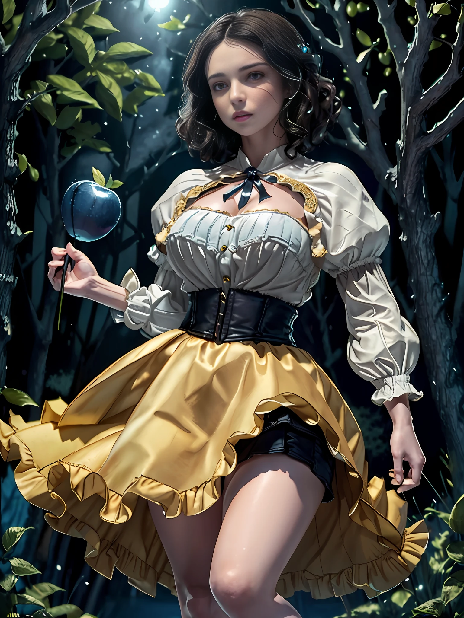 extremely beautiful snow white, subtle makeup, golden hour, photorealistic, high contrast, 8k HD, detailed, hyper-detailed, (curly bob short dark hair), realistic skin texture, large breast, best quality, ultra high res, raw photo, dramatic lighting, unreal engine, diffuse glow, (blue puffy sleeves top:1.1) , yellow skirt:1.1), (holding a toxic green poison apple), realistic detailed castle, fair maiden, romance, magic and witches, dark tales