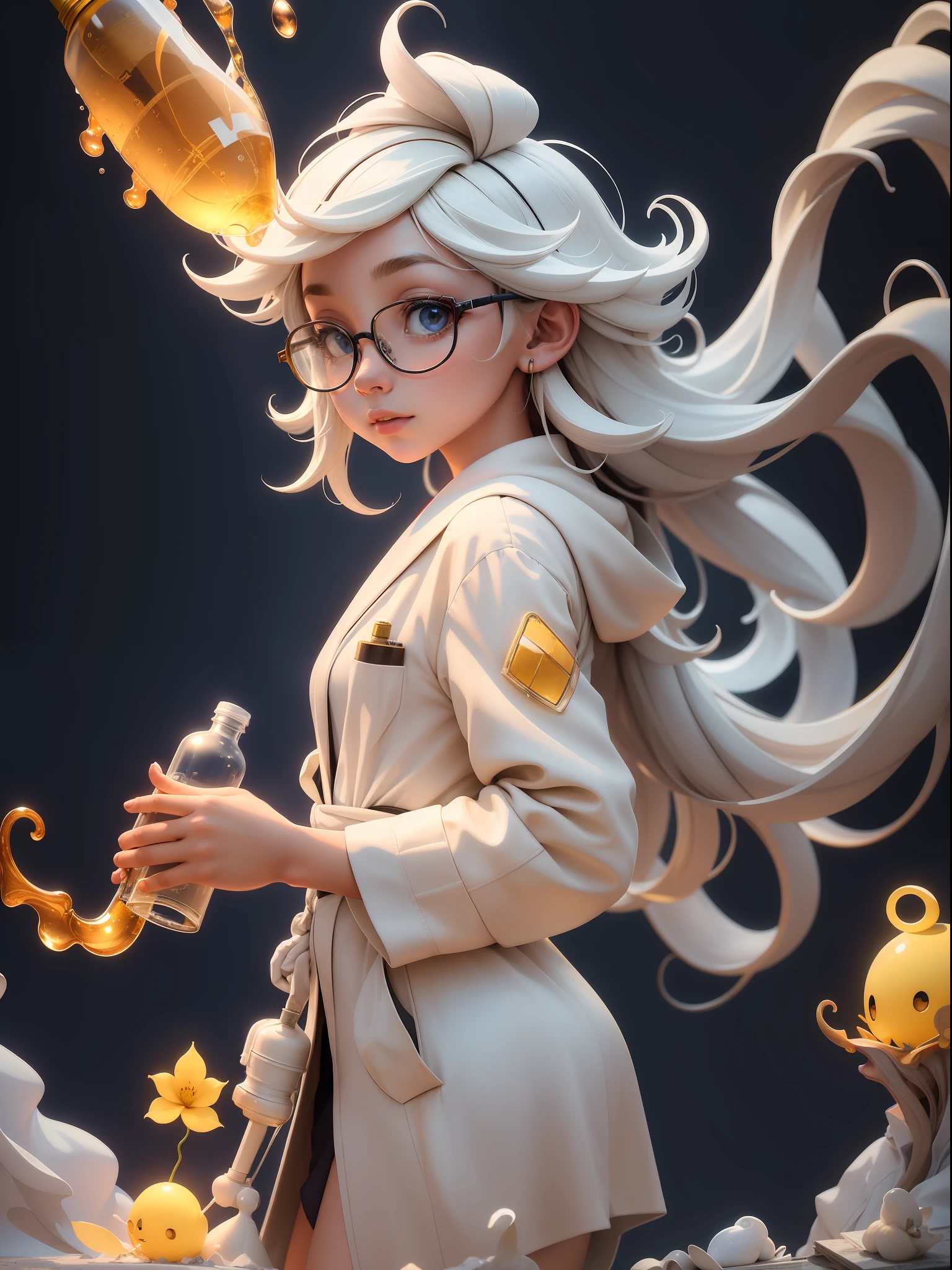 (Masterpiece: 1.5), (Best Quality: 1.5), High Resolution, High Detail, 3DMM,1 Girl, Solo, Scientist, Glasses, White Robe, Holding Measuring Bottle with Yellow Liquid in Hand, Side Face Looking Up at Measuring Bottle, Low Contrast, Vivid Lighting, Enchanting Elegance, Atmospheric Depth, Superb Technique, Naturalistic Expression, Harmonious Composition, Creative Improvement, Striking Juxtaposition, Evocative Tones, Enchanting Colors, Dramatic Lighting, 1Girl, Solo , research station, outdoors, spirituality, peace,