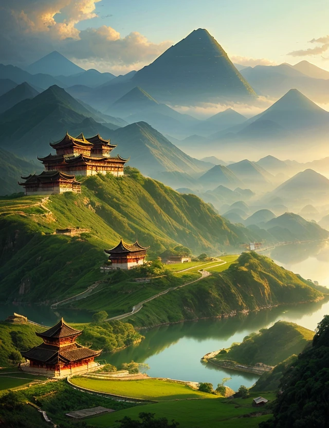 the three golden acient pyramids of giza surrounded by many brown Burmese bagan pagodas and villages full of green forests and some animals such as cows and goats, in Bagan city, fog, smoke, spring, clran blue sky with a little clouds, warm wealther in sunset time, birds are flying in the sky. beautiful scence, potrait, lanscape, highly detailed, photography, 8k, the main target is pyramids, focus on pyramids