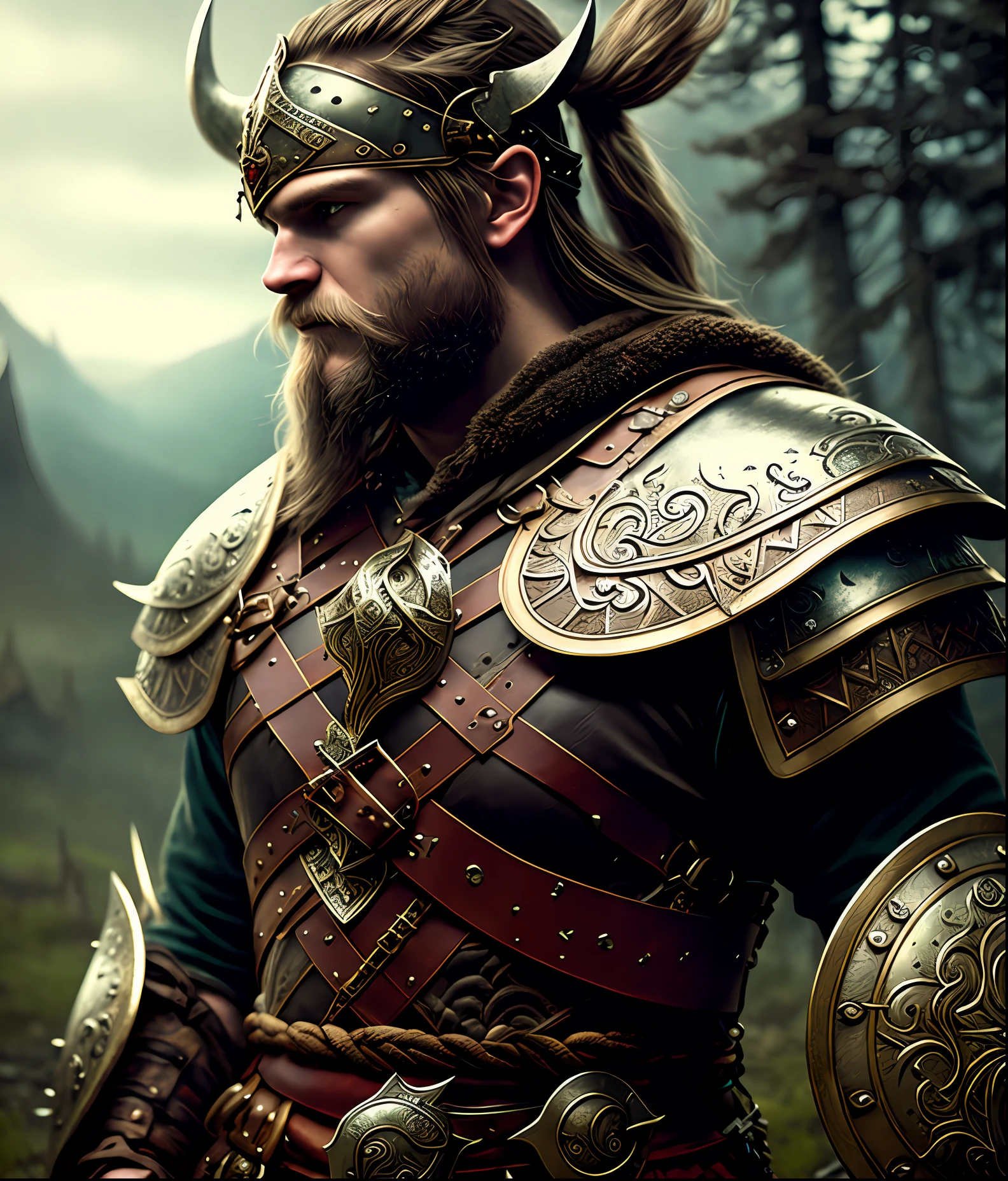 Viking warrior, hyper detailed and embellished leather armor, full body, in artstation forest art, hazy background, realistic epic, rutkowski, hdr, intricate details, hyperdetailed, cinematic, rim light, muted colors: 1.2, dark fantasy, dark and reddish sky, with dark mountains in the background, dark and dangerous atmosphere