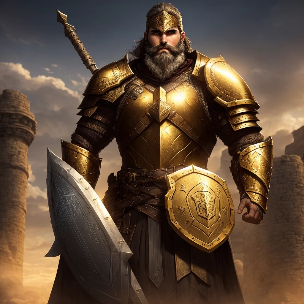 A stout warrior with short hair and unshaven beard, holding tightly to a tower shield and wearing a cohesive, textured full armor. The scene is lit up with a bold mix of golden light and deep shadows as the warrior is highlighted in a textured and complex background of ancient stones.