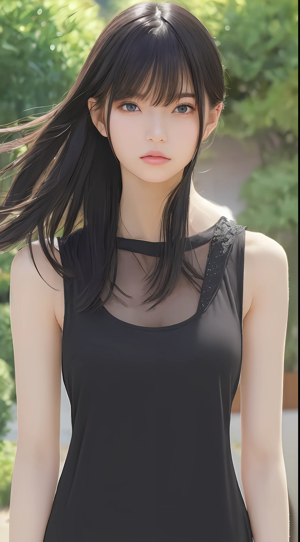 ((Best Quality, 8k, Masterpiece: 1.3)), Full Body, Focus Clear: 1.2, Outstanding Style: 1.4, Slender Abs: 1.2, ((Black Hair, Big: 1.2)), Black Tank Top, Highly Detailed Face and Skin Texture, Detailed Eyes, Double Eyelids