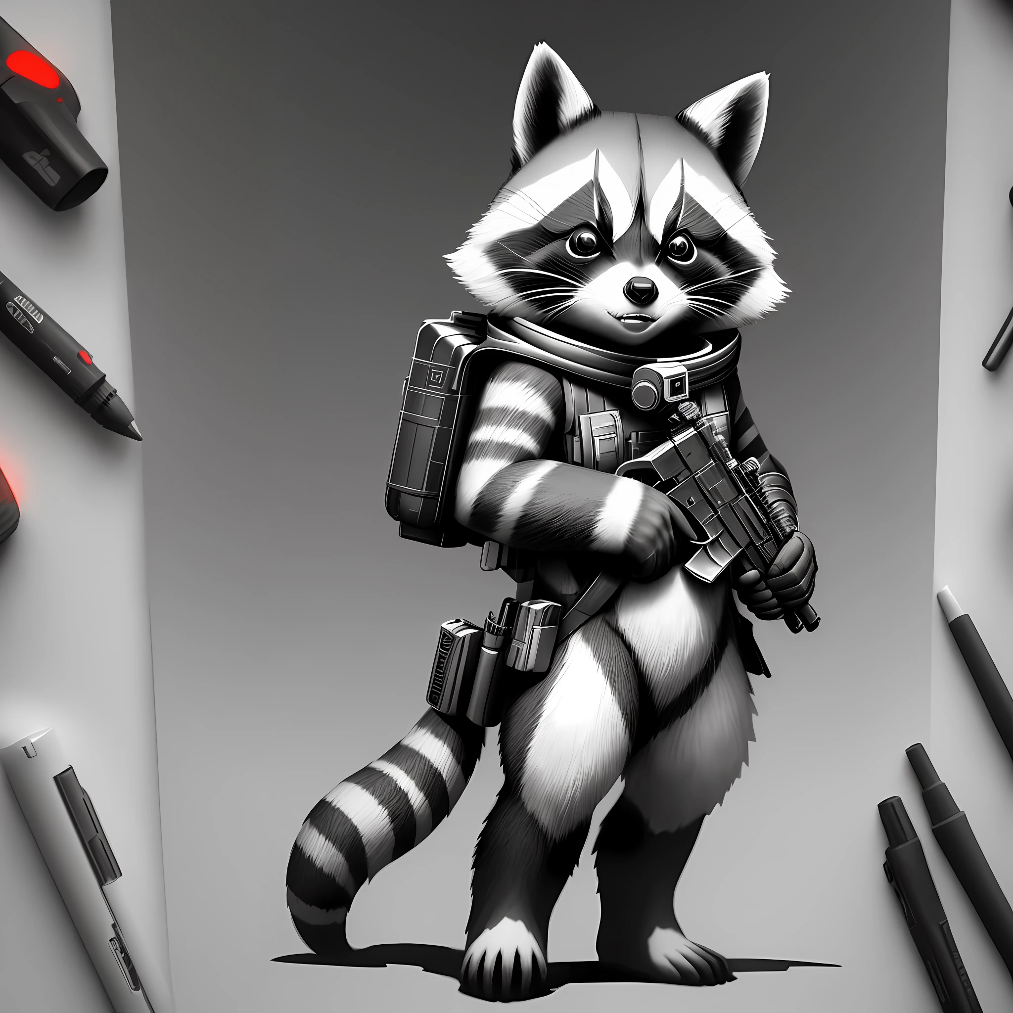 Rocket Racoon standing holding futuristic gun, sticker, drawing, black and white, pencil