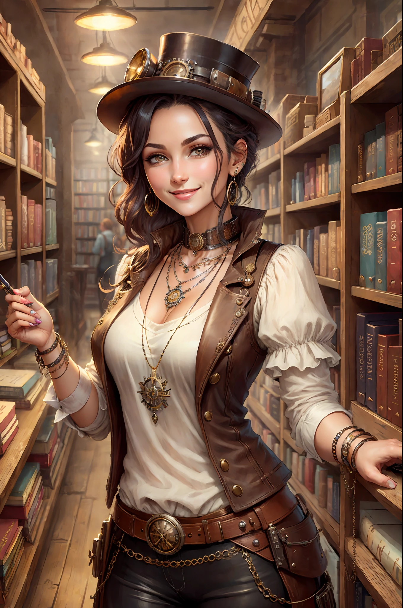 Steampunk, steampunk, smiling woman in a small bookstore, necklaces, earrings, bracelets, chains, shirts, vests, belts