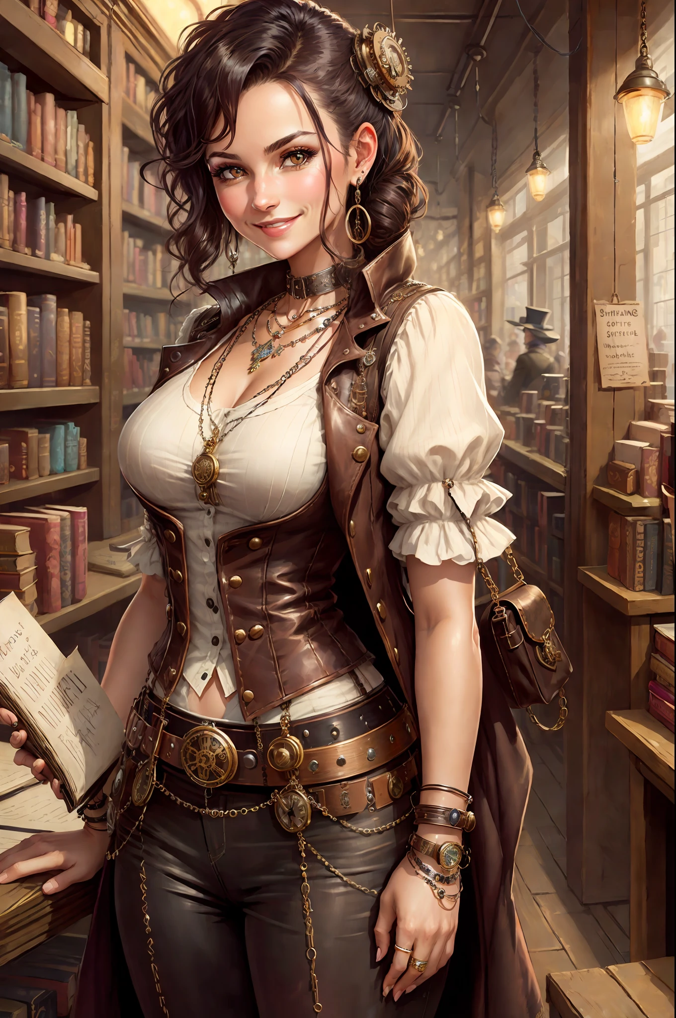 Steampunk, steampunk, smiling woman in a small bookstore, necklaces, earrings, bracelets, chains, shirts, vests, belts