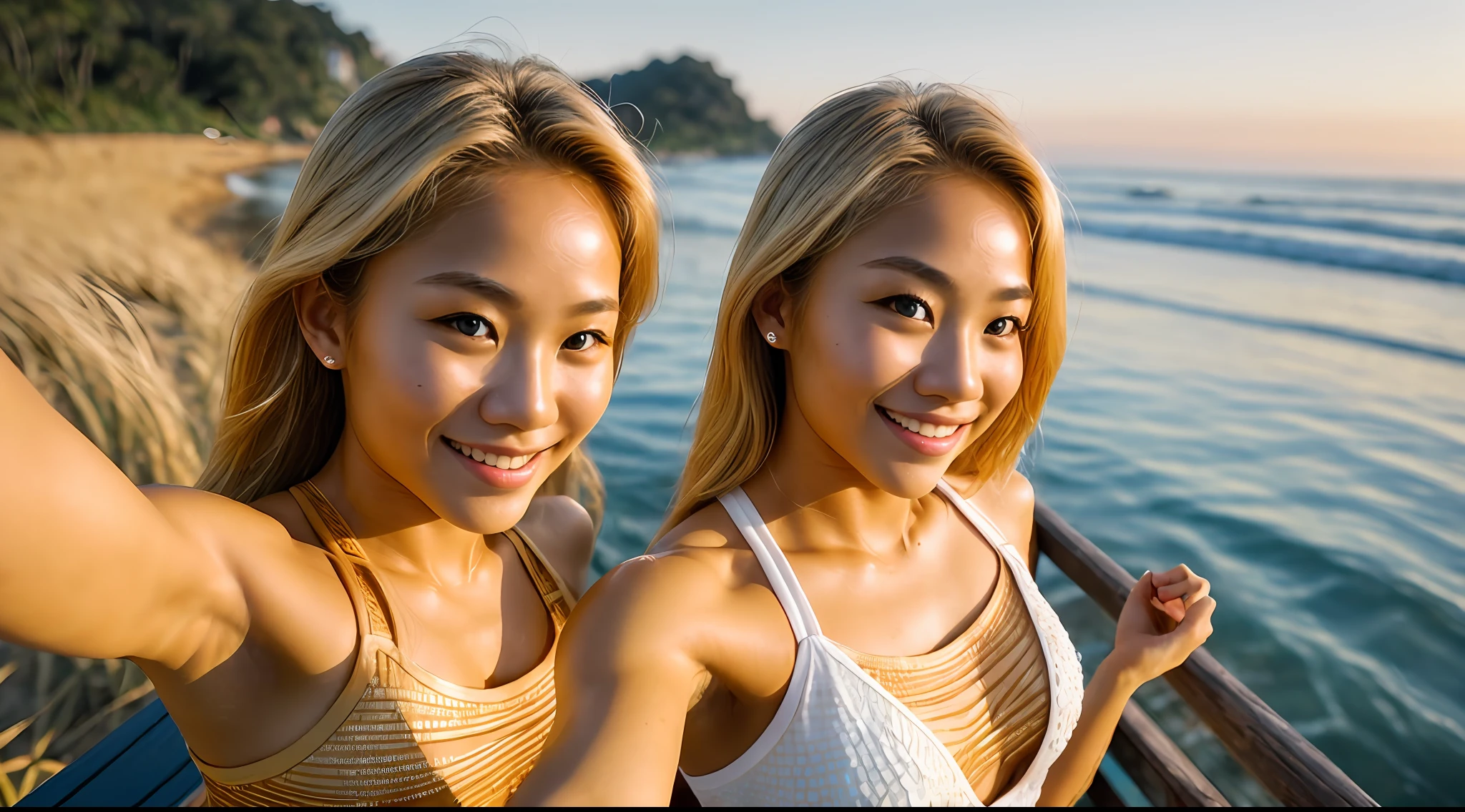 1 young beautiful Thai woman, blond hair, bodybuilder physique, surfboard ((upper body selfie, happy)), masterpiece, best quality, ultra-detailed, solo, outdoors, (night), ocean, beach, nature, cheerful, happy,  (look at viewer:1.2) (skin texture) (film grain:1.3), (warm hue, warm tone)