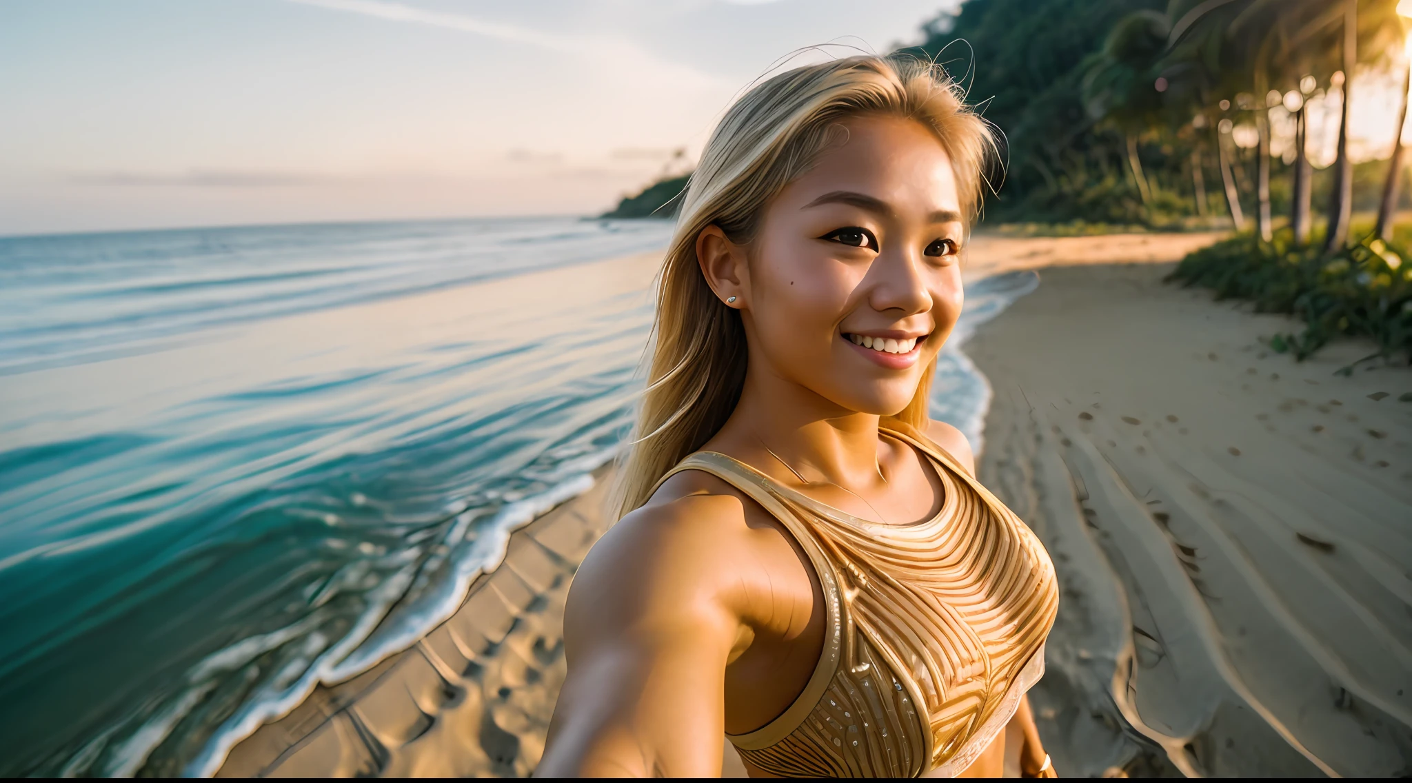 1 young beautiful Thai woman, blond hair, bodybuilder physique, surfboard ((upper body selfie, happy)), masterpiece, best quality, ultra-detailed, solo, outdoors, (night), ocean, beach, nature, cheerful, happy, (look at viewer:1.2) (skin texture) (film grain:1.3), (warm hue, warm tone)