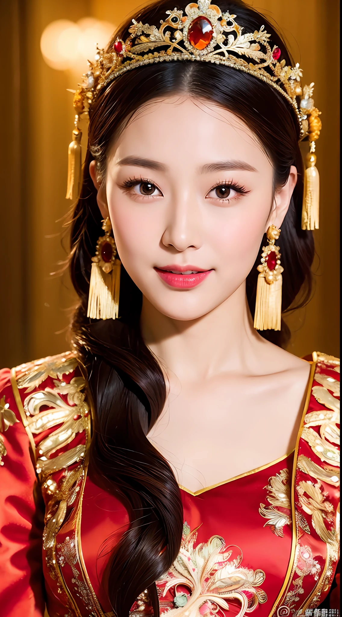 (8k, RAW Photo, Best Quality, Masterpiece: 1.2), (Realistic, Realistic: 1.37), 1 Girl, Aalfite Woman Posing for Photo in Red Dress and Headdress, Gorgeous Role Play, Beautiful Costume, Intricate Fantasy Dress, Beautiful Fantasy Queen, Chinese Dress, Complex Dress, Complex Costume, Traditional Beauty, Gorgeous Chinese Model, Chinese Costume, Wearing Gorgeous Costume, Wearing Elegant Chinese Xiuhe Dress, Chinese Wedding Dress, Phoenix Crown Xia Hanging, Antique Bride, Xiuhe Dress, Close-up, close-up, crown on head, smile, no watermark