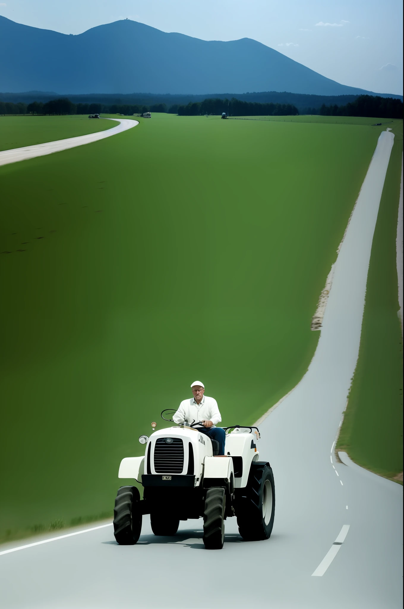 realistic photo canon EOS, masterpiece, jan pawel ii, dramatic, cinematic, riding white tractor on the road