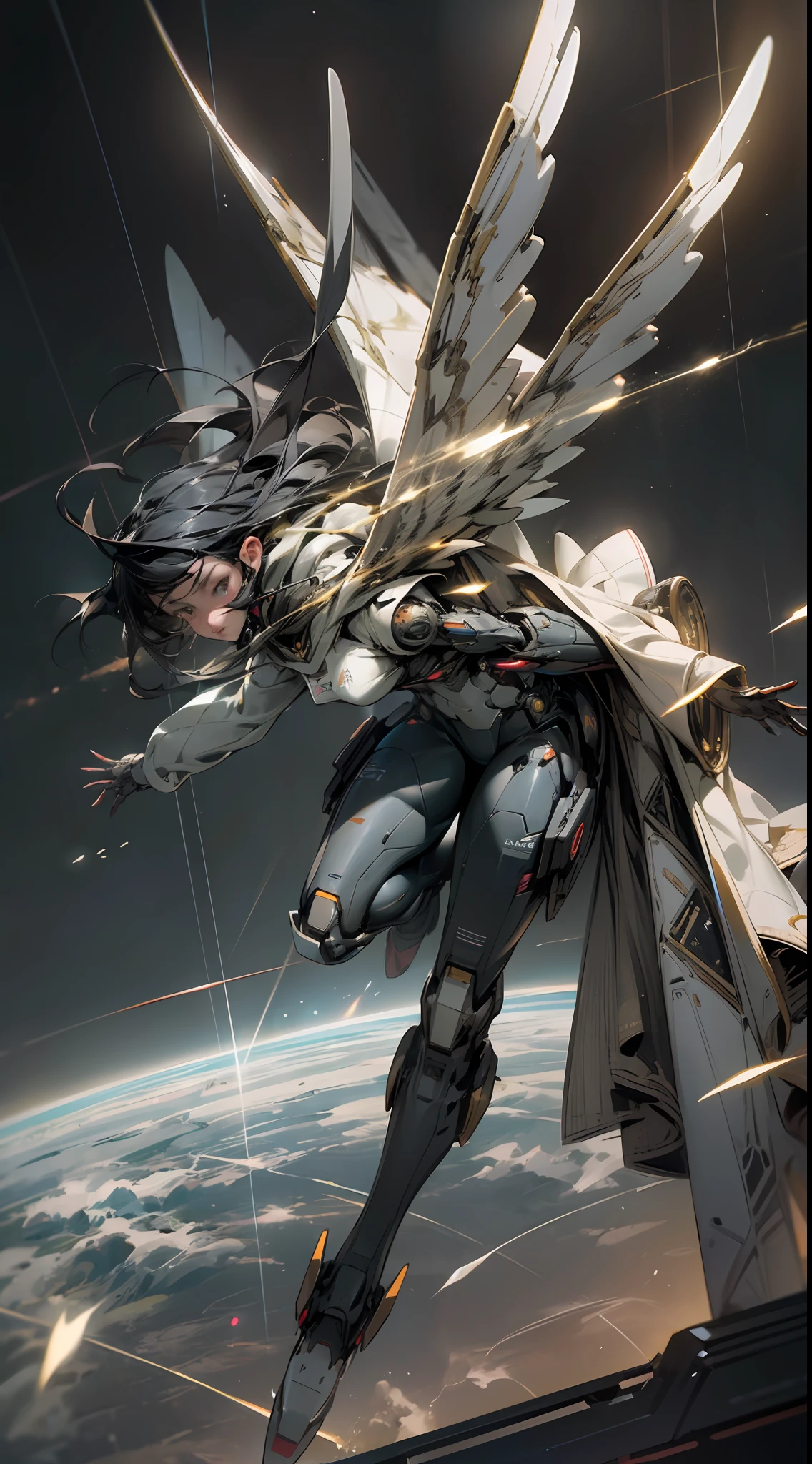 ((Best quality)), ((masterpiece)), (highly detailed:1.3), 3D, beautiful, (cyberpunk:1.2), in space, nebula, holding_weapon, (1Female mecha:1.3), facing the viewer, glowing eyes, full body, (flying, swooping down, dynamic, motion blur: 1.4), (huge mecha wings: 1.6), looking up, glowing_eyes, mecha, panorama, background is earth, nebula, space, particles, reality, HDR (High Dynamic Range), Ray Tracing, NVIDIA RTX, Super Resolution, Unreal 5, Subsurface Scattering, PBR Texturing, Post Processing, Anisotropic Filtering, Depth of Field, Maximum Clarity and Clarity, Multilayer Textures, Albedo and Specular map, Surface shading, accurate simulation of light-material interaction, perfect proportion, Octane Render, two-tone lighting, large aperture, low ISO, white balance, rule of thirds, 8K RAW, efficient sub-pixel, sub-pixel convolution,