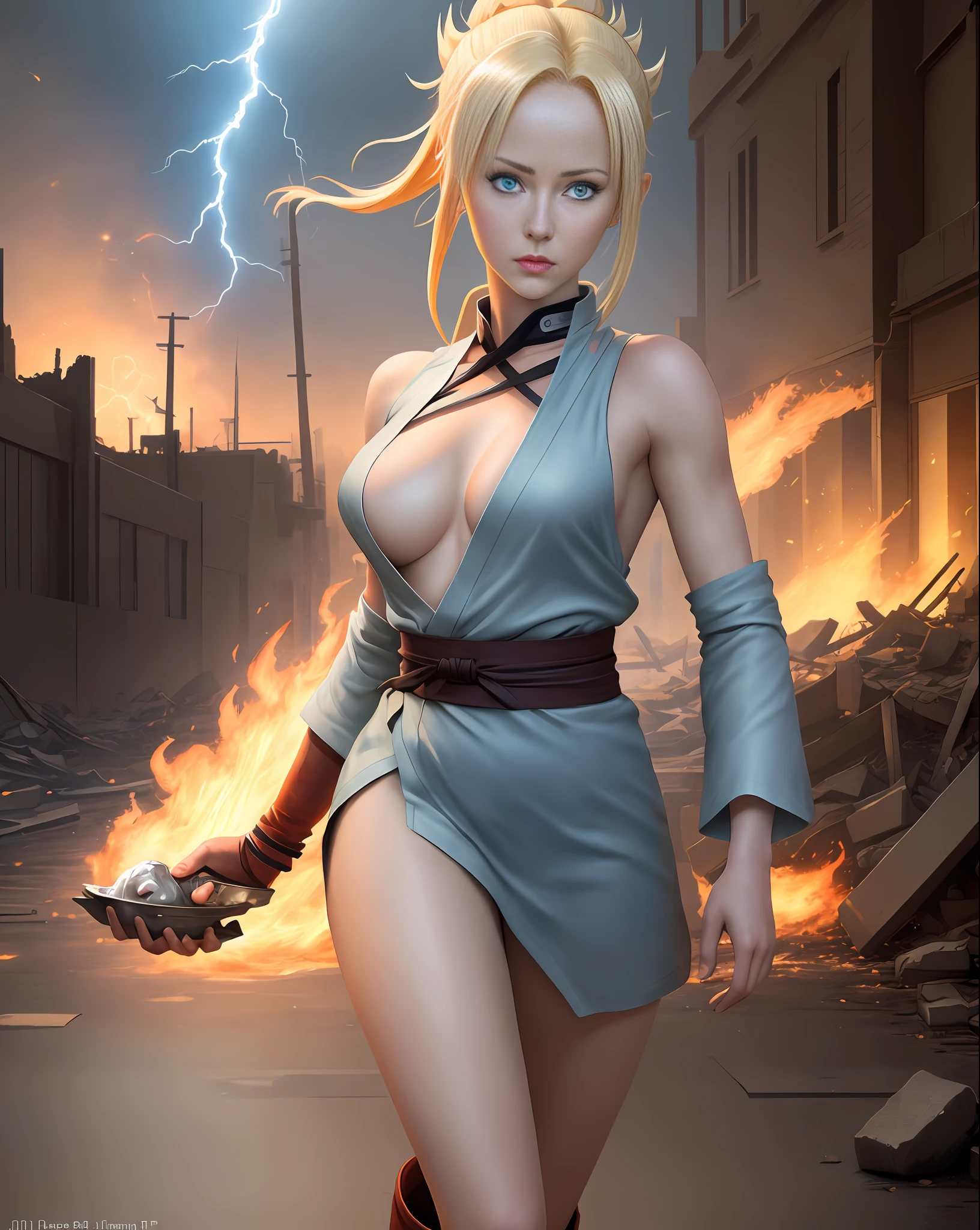 The Ino of the anime Naruto Shippuden)))), beautiful blue eyes, big chests, sensual, standing on a street of a destroyed city, lightning coming out of the hands and eyes, fire, dust everywhere, destruction, super realistic, well detailed face without distortions, epic image in the best possible resolution, 8k, very realistic, depth of field, a work of art,  portrait style