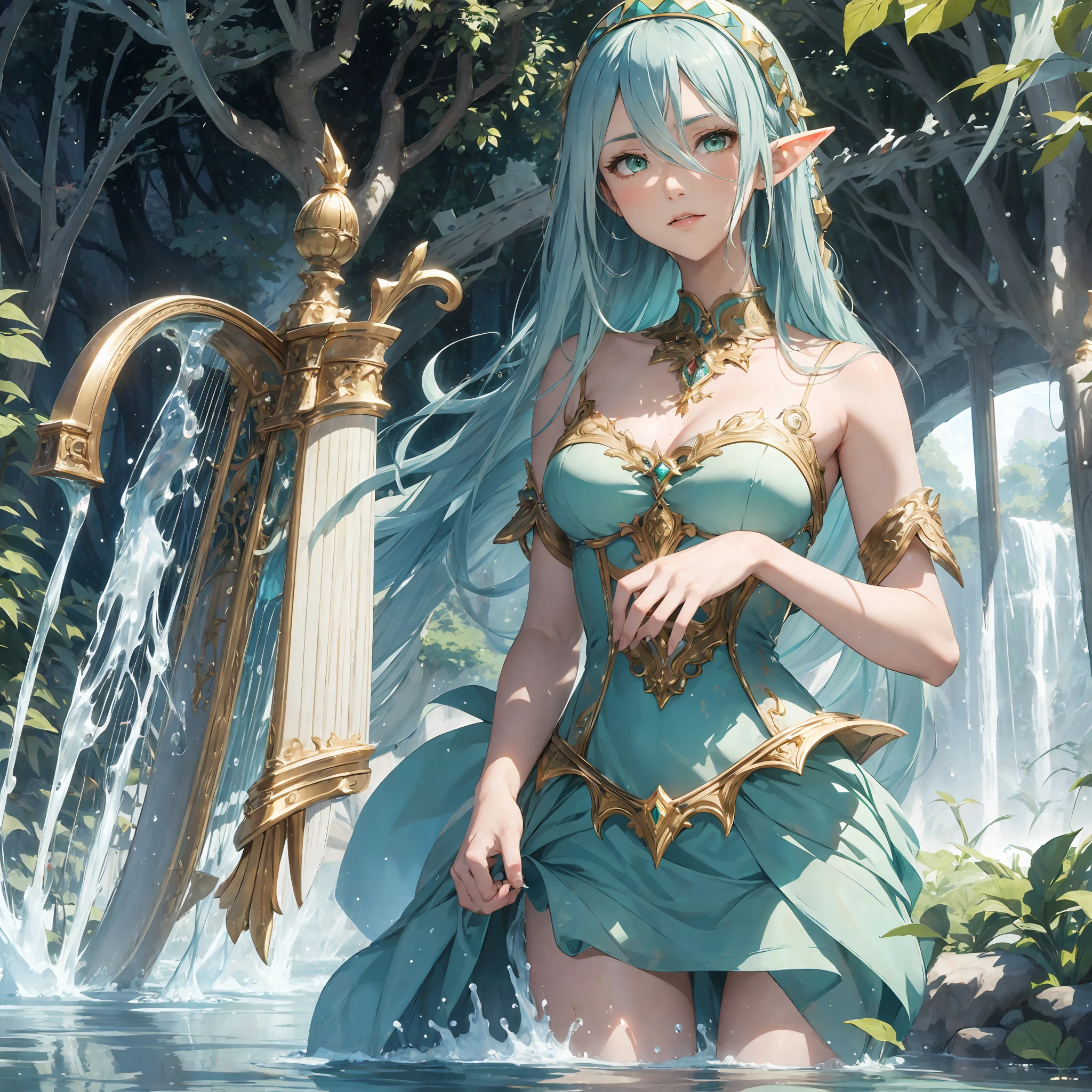 masterpiece, best quality, 1woman, adult, female focus, solo, two tone hair, unique blonde aqua hair, vibrant green eyes, looking at viewer, closed mouth, upper body, Fantasy aesthetics, Highly detailed, shadowverse style, elf ear