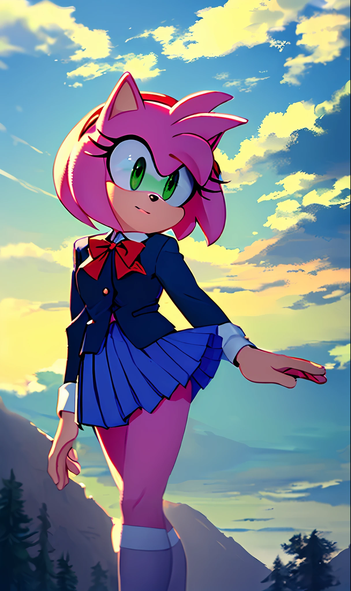 "(((masterpiece))), 4k resolution, an extremely delicate and beautiful, dynamic angle and pose, Amy Rose solo, outdoors with trees and scenic clouds, animal nose, flowing skirt on windy day, long-sleeve school uniform in vibrant sunshine."