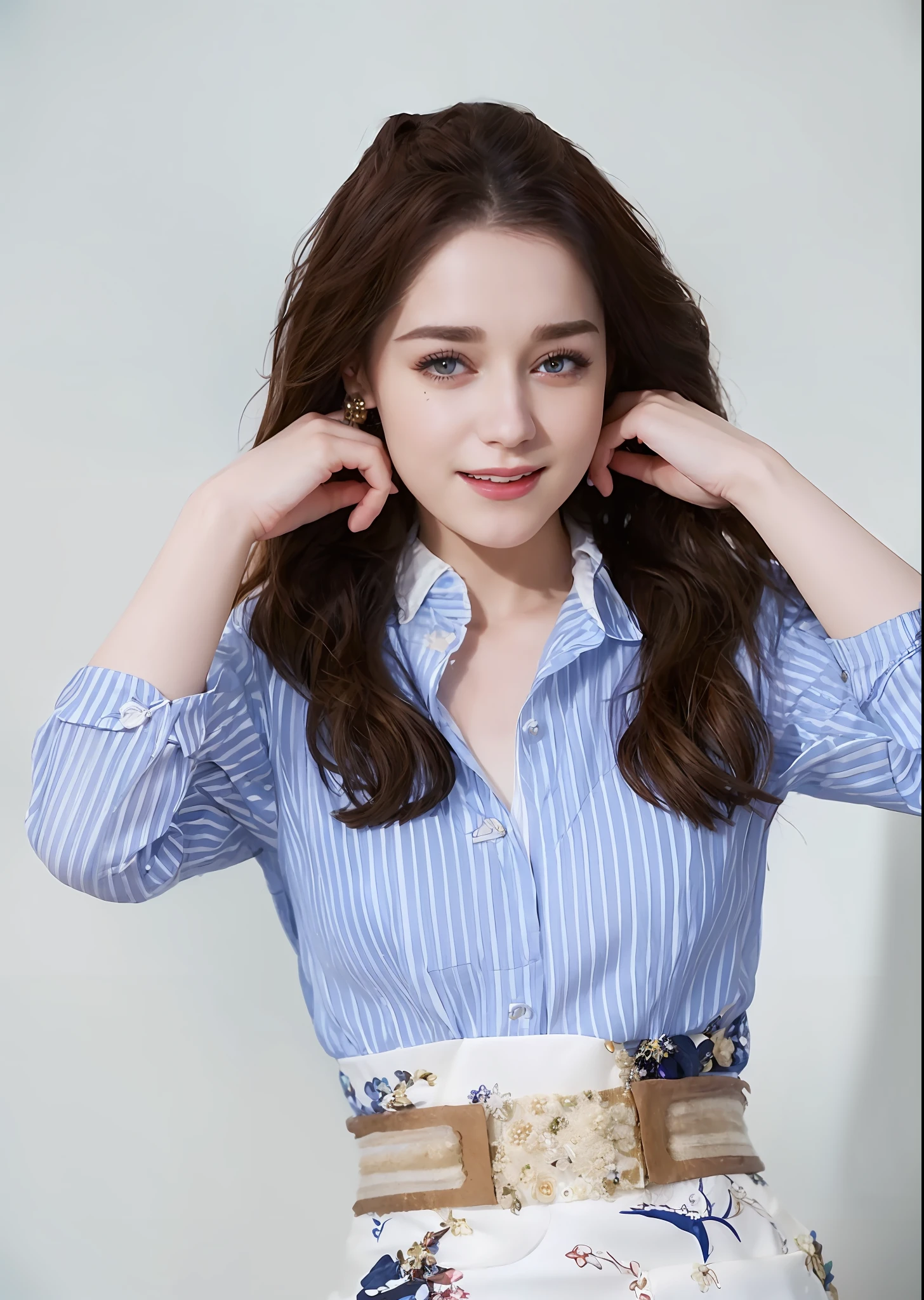 a close up of a woman in a blue shirt and white skirt, emilia clarke, sophie turner girl, wearing in shirt, kiera knightly, sophie turner, fan art, handsome girl, slight smirk, kiera knightley, lilly collins, wearing a blouse, clothed in white shirt, sansa, hailee steinfeld