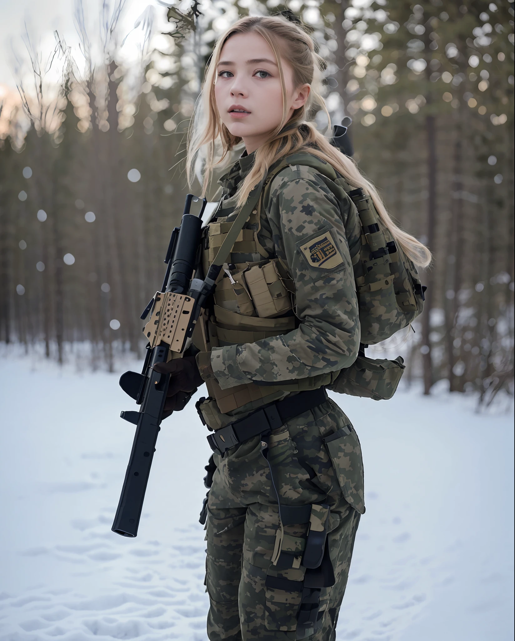 arafed female soldier with a gun in the snow, military girl, beautiful female soldier, carrying a rifle, infantry girl, soldier girl, of a sniper girl in war, military photography, with rifle, holding a rifle, a full portrait of nordic female, dressed in tactical armor, miltary, wearing military outfit, holding rifle, wearing tactical gear