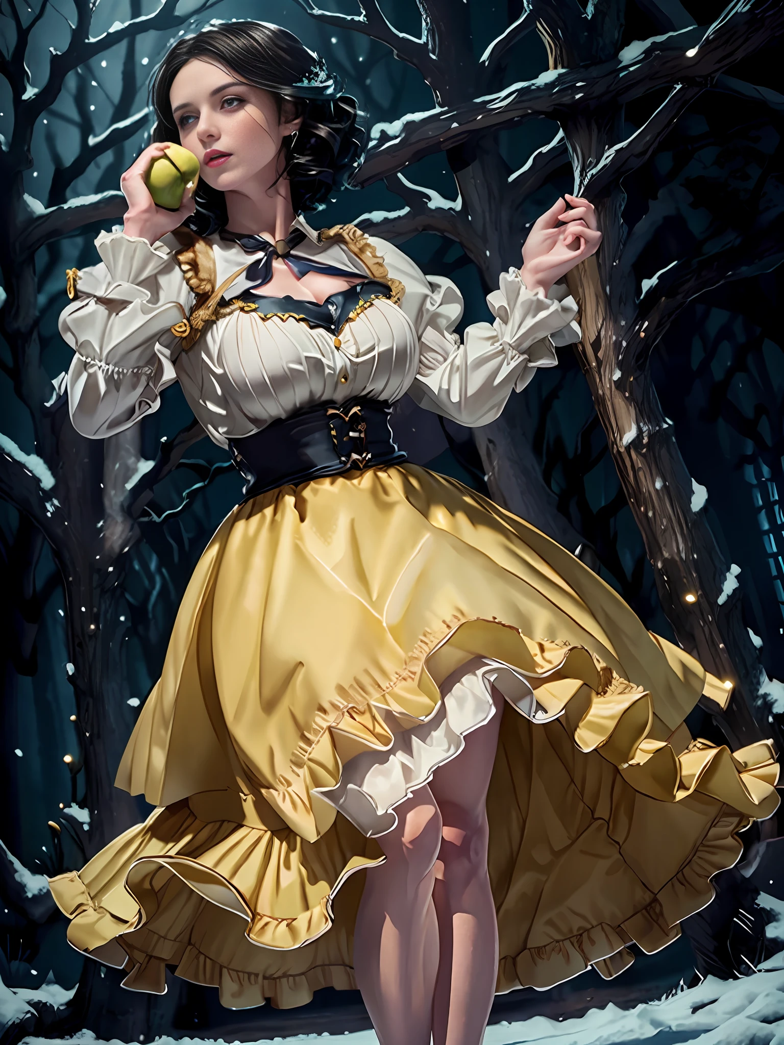 extremely beautiful snow white, subtle makeup, golden hour, photorealistic, high contrast, 8k HD, detailed, hyper-detailed, (curly bob short dark hair), realistic skin texture, large breast, best quality, ultra high res, raw photo, dramatic lighting, unreal engine, diffuse glow, (blue puffy sleeves top:1.1) , yellow skirt:1.1), (grabbing a toxic green poison apple), realistic detailed castle, fair maiden, romance, magic and witches, dark tales