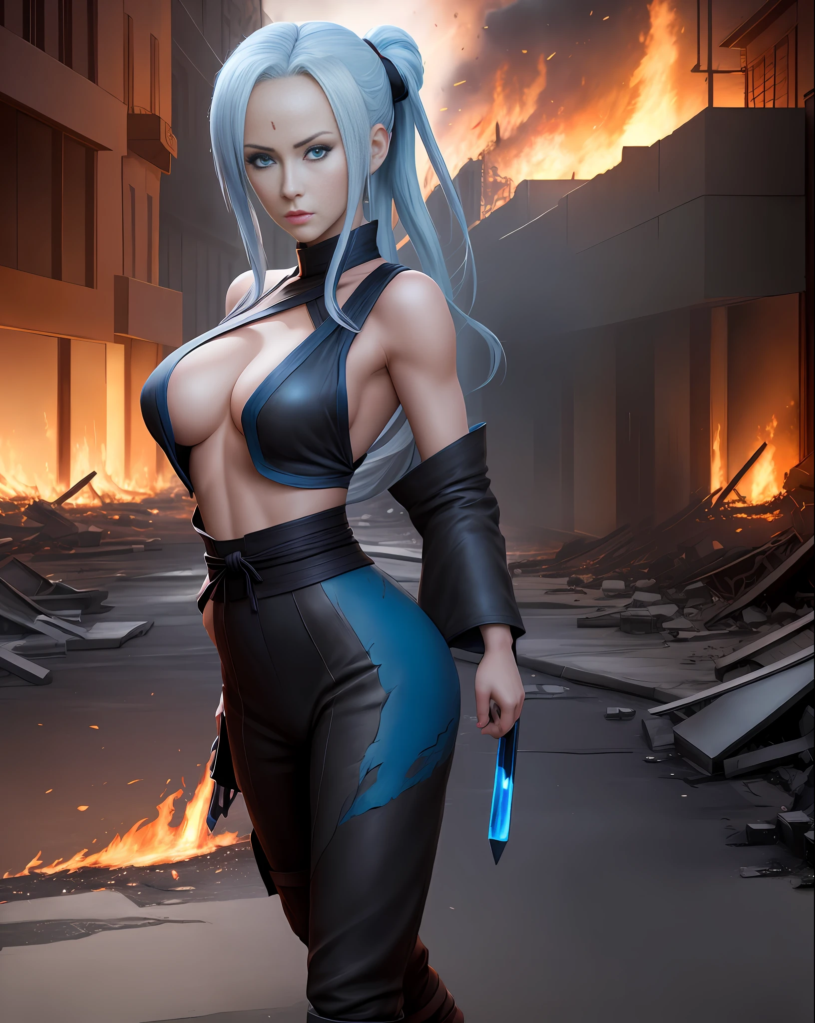 The Ino of the Naruto Shippuden anime)))), beautiful blue eyes, big chests, sensual, standing on a street of a destroyed city, fire, black background of minimalist photographic studio, super realistic, well detailed face without distortions, epic image in best possible resolution, 8k, very realistic, depth of field, a work of art, portrait style