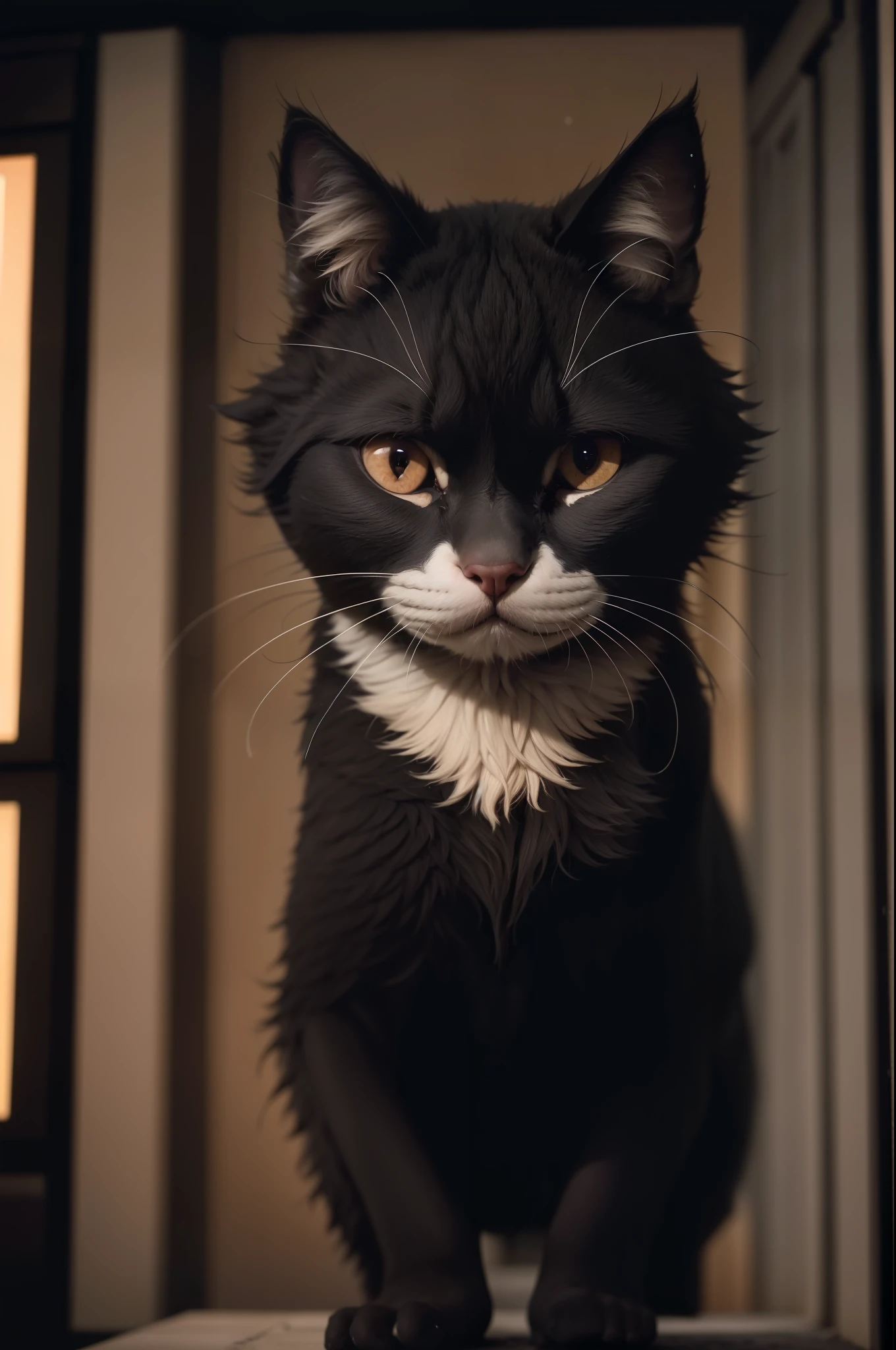 masterpiece, absurdres, high quality, realistic,
black cat looking at viewer, sad eyes,
street alley, street lights, night,
20 megapixel, detailed, movie grain