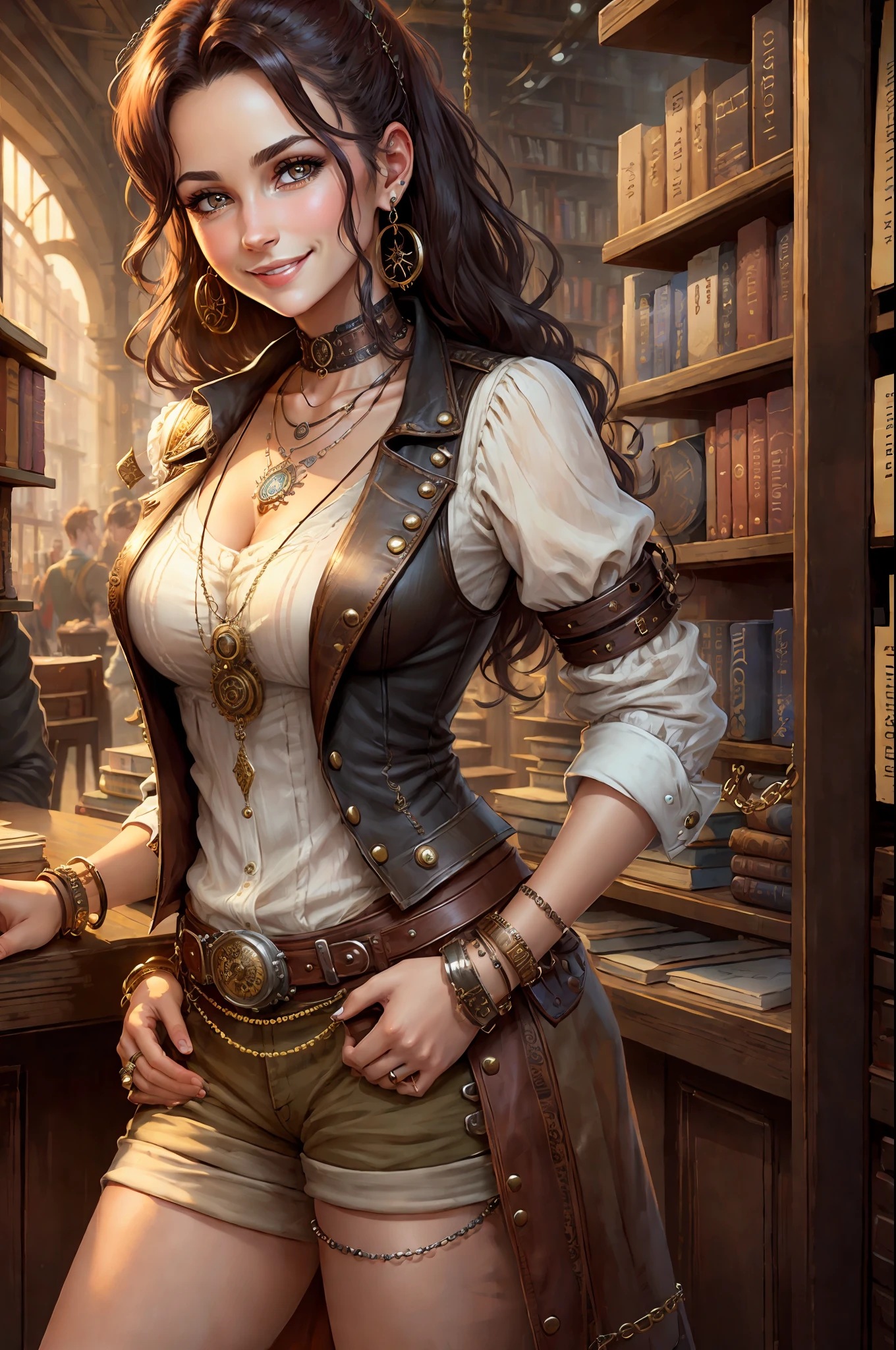 Steampunk, steampunk, smiling woman in a small bookstore, necklaces, earrings, bracelets, chains, shirts, vests, belts