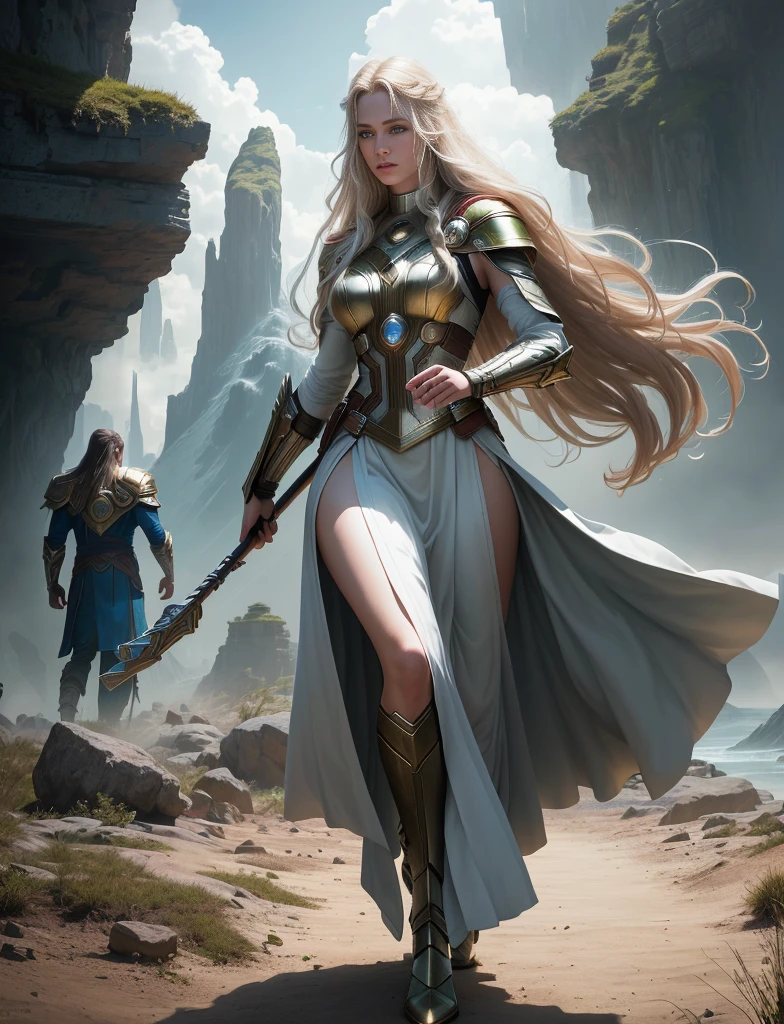 Realistic character shooting, set in the sci-fi film planet Asgard, the protagonist is a woman with Thor, complex long hair, delicate face, flowing figure, gorgeous walking stick, luminous body