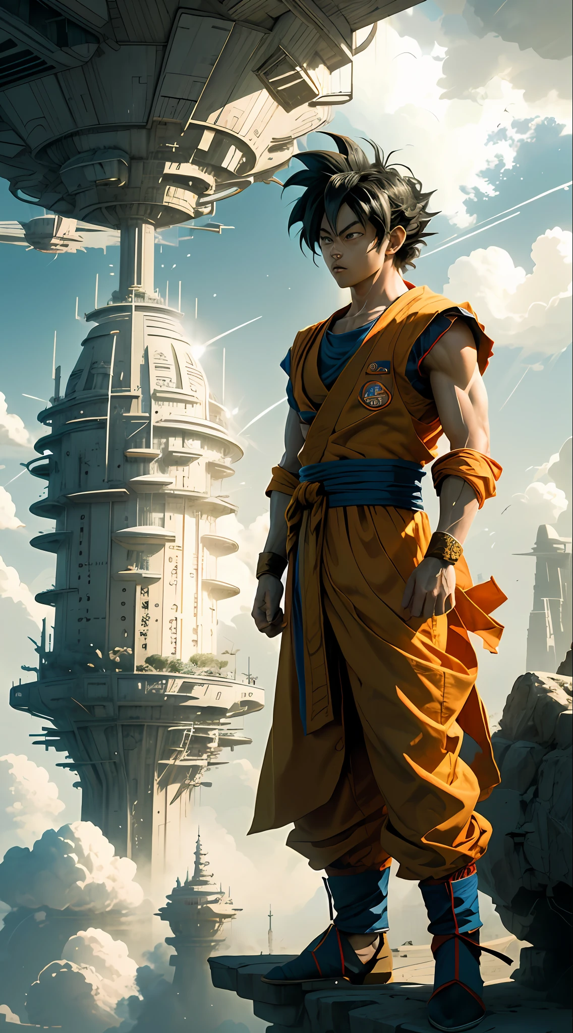 Goku em Bespin, a powerful warrior from another planet, trains in the floating city of Bespin high above the clouds. The futuristic cityscape is awe-inspiring, with towering skyscrapers and bustling air traffic. Goku trains with intense focus, surrounded by a calm and serene atmosphere that belies the city's frenetic energy. The atmosphere is filled with a sense of anticipation, as if Goku is preparing for an impending battle. The lighting is dim, with a diffuse, yellow hue that casts long shadows on the ground, adding to the pensive mood #endl