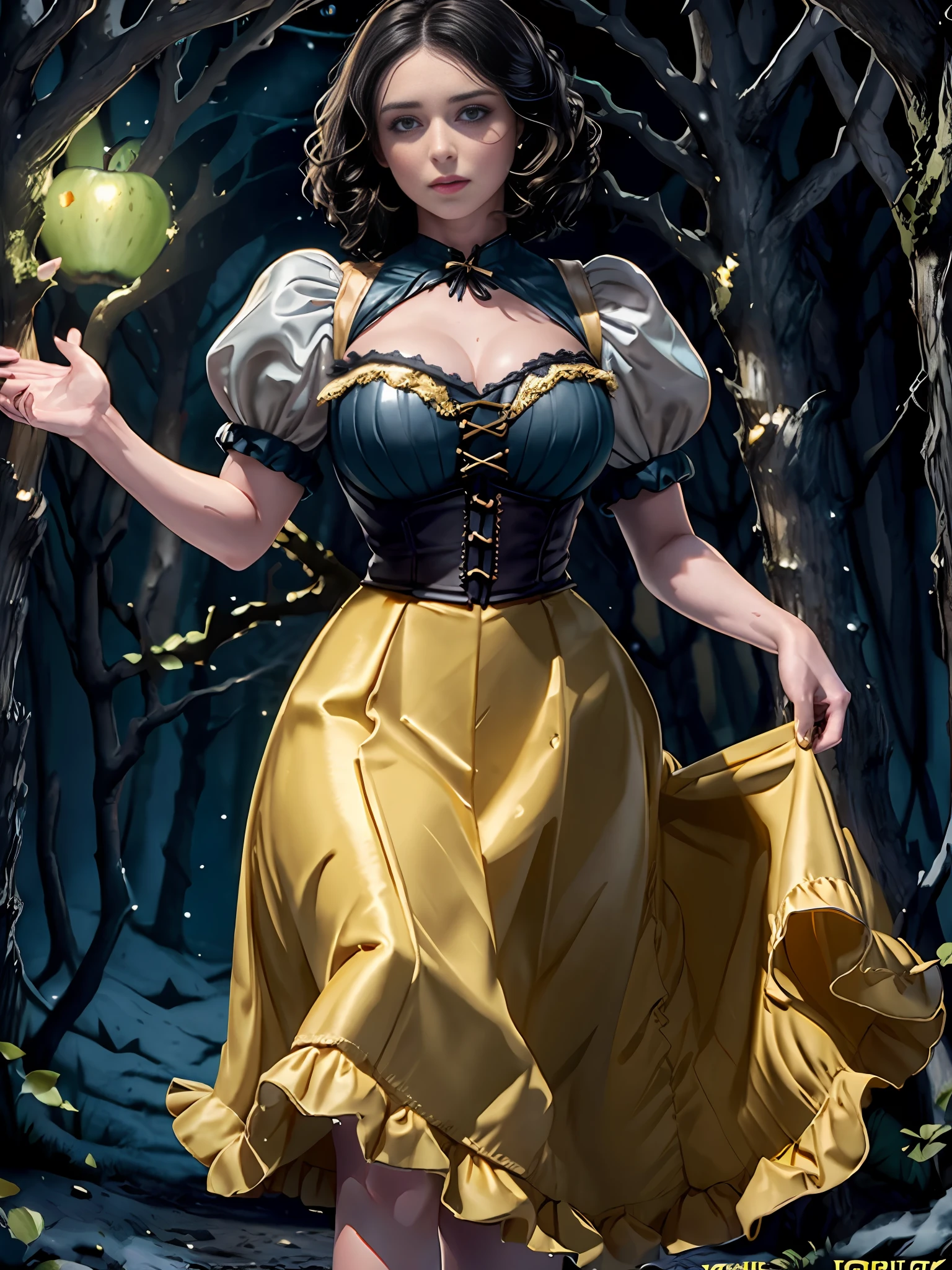 extremely beautiful snow white, subtle makeup, golden hour, photorealistic, high contrast, 8k HD, detailed, hyper-detailed, (curly bob short dark hair), realistic skin texture, large breast, best quality, ultra high res, raw photo, dramatic lighting, unreal engine, diffuse glow, (blue puffy sleeves top:1.1) , yellow skirt:1.1), (grabbing a toxic green poison apple), realistic detailed castle, fair maiden, romance, magic and witches, dark tales