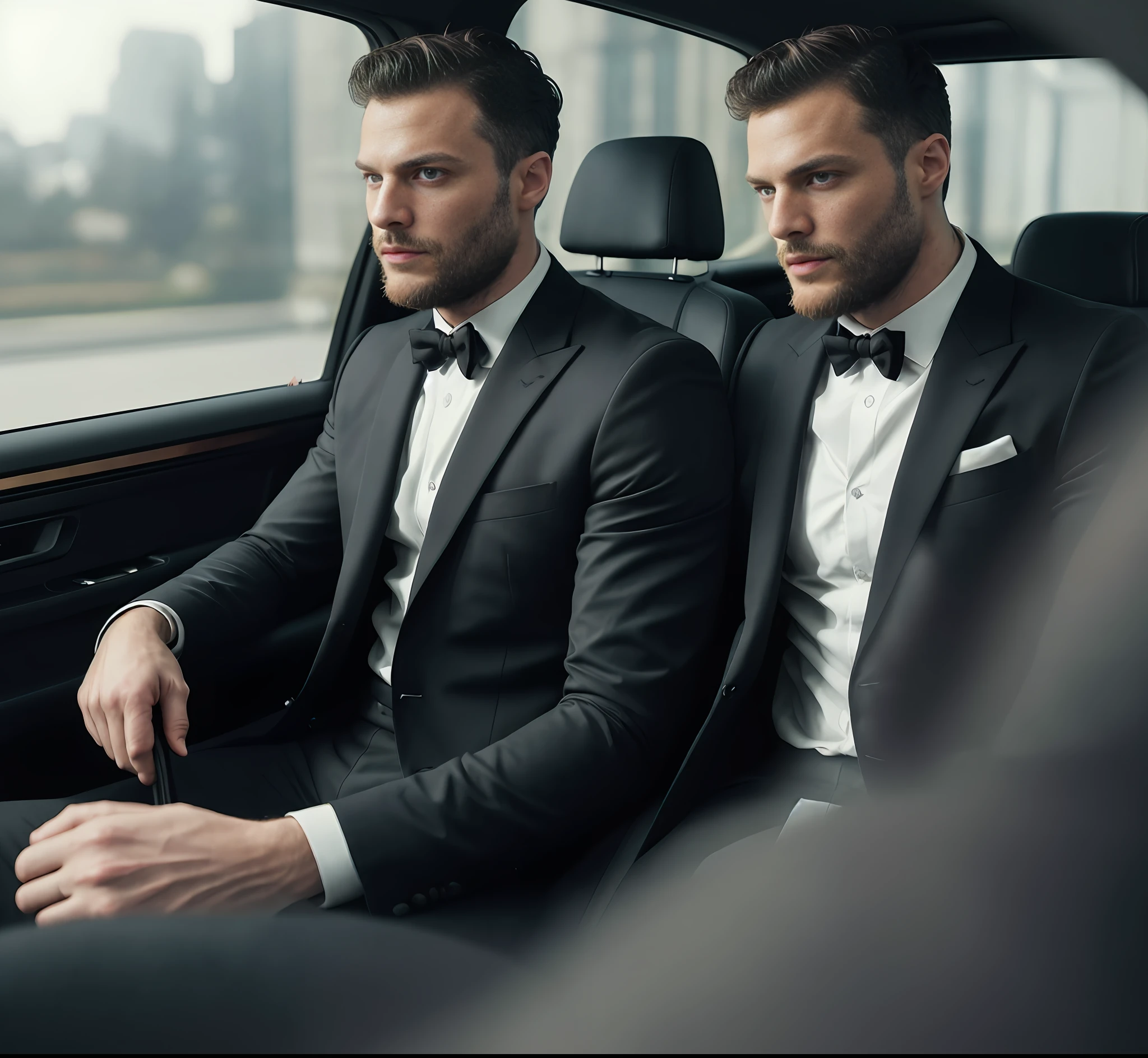(Man wearing black suit without tie), (scene inside the car in the back seat) looking out the window, (wearing beard,) attractive and serious look, short dark hair, stylish and elegant, shaved and strong body fitted in the suit, show body, man similar to actor jamie dornan, (high quality and realistic image), nocturnal environment, cinematic style, ((Best quality, 8k, Masterpiece).