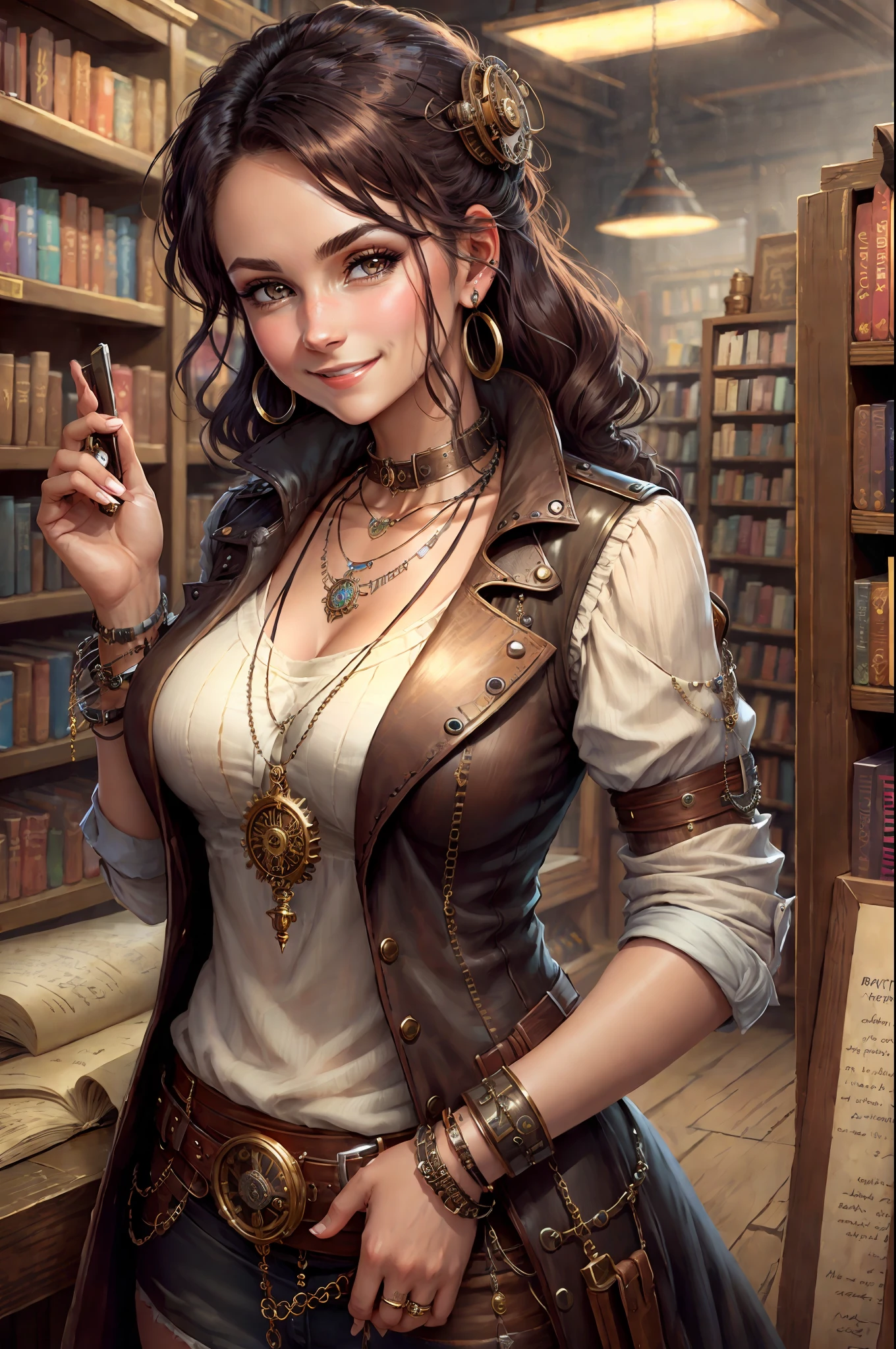 Steampunk, steampunk, smiling woman in a small bookstore, necklaces, earrings, bracelets, chains, shirts, vests, belts