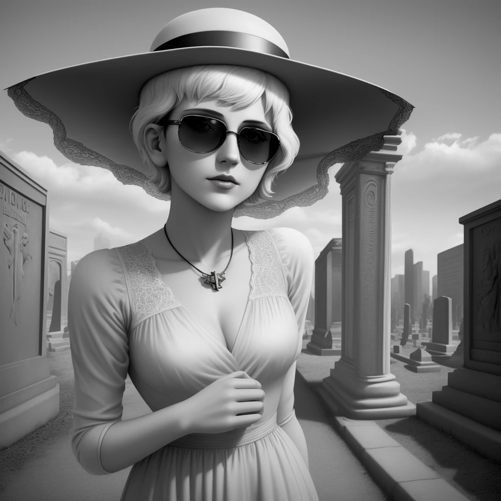 A woman with short hair, dressed 20's, wearing sunglasses, in a cemetery, before the figure of a sober angel, lonely, lonely and sad, melancholy, noir style, art deco, soviet art, buildings in the background, photorealistic painting, sharp focus, 8k, perfect composition, trend in artstation, award-winning photography, unreal engine 5, cinematic smooth, intricate detail,(realistic eyes), (perfect hands)