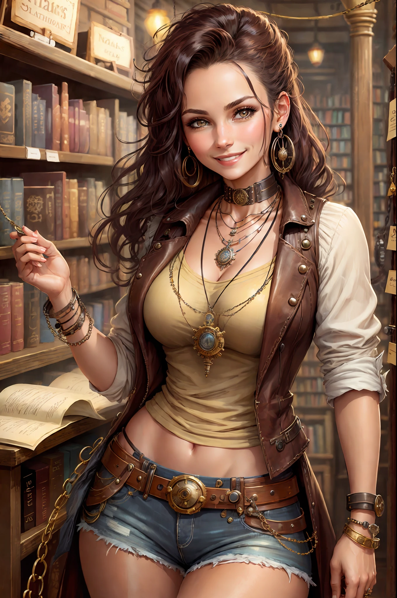 Steampunk, steampunk, smiling woman in a small bookstore, necklaces, earrings, bracelets, chains, shirts, vests, belts