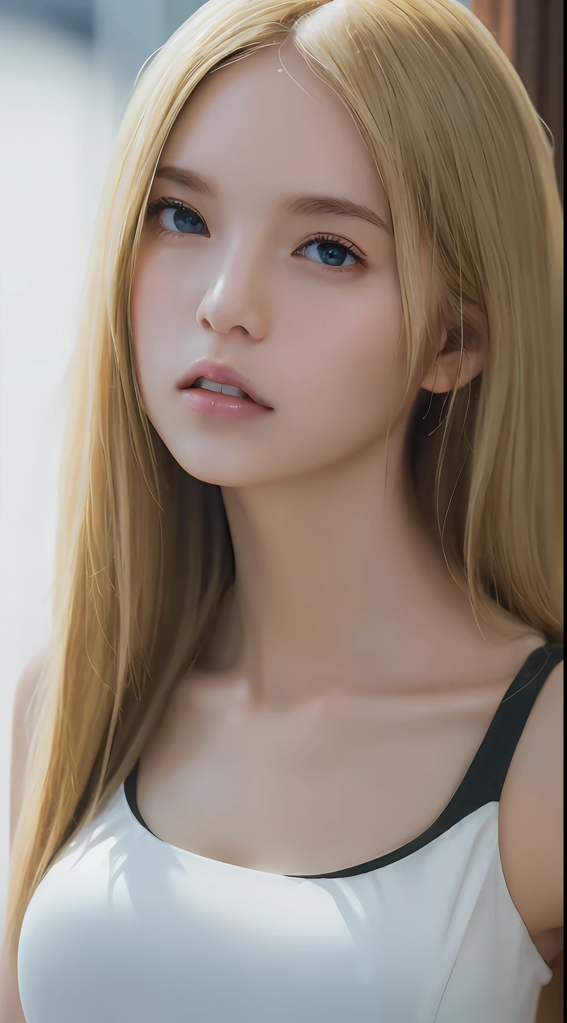 ((Best Quality, 8K, Masterpiece: 1.3)), Full Body, Focus Clear: 1.2, Outstanding Beauty: 1.4, Slender Abs: 1.2, ((Blonde, Big: 1.2)), Black Tank Top, Highly Detailed Face and Skin Texture, Detailed Eyes, Double Eyelids