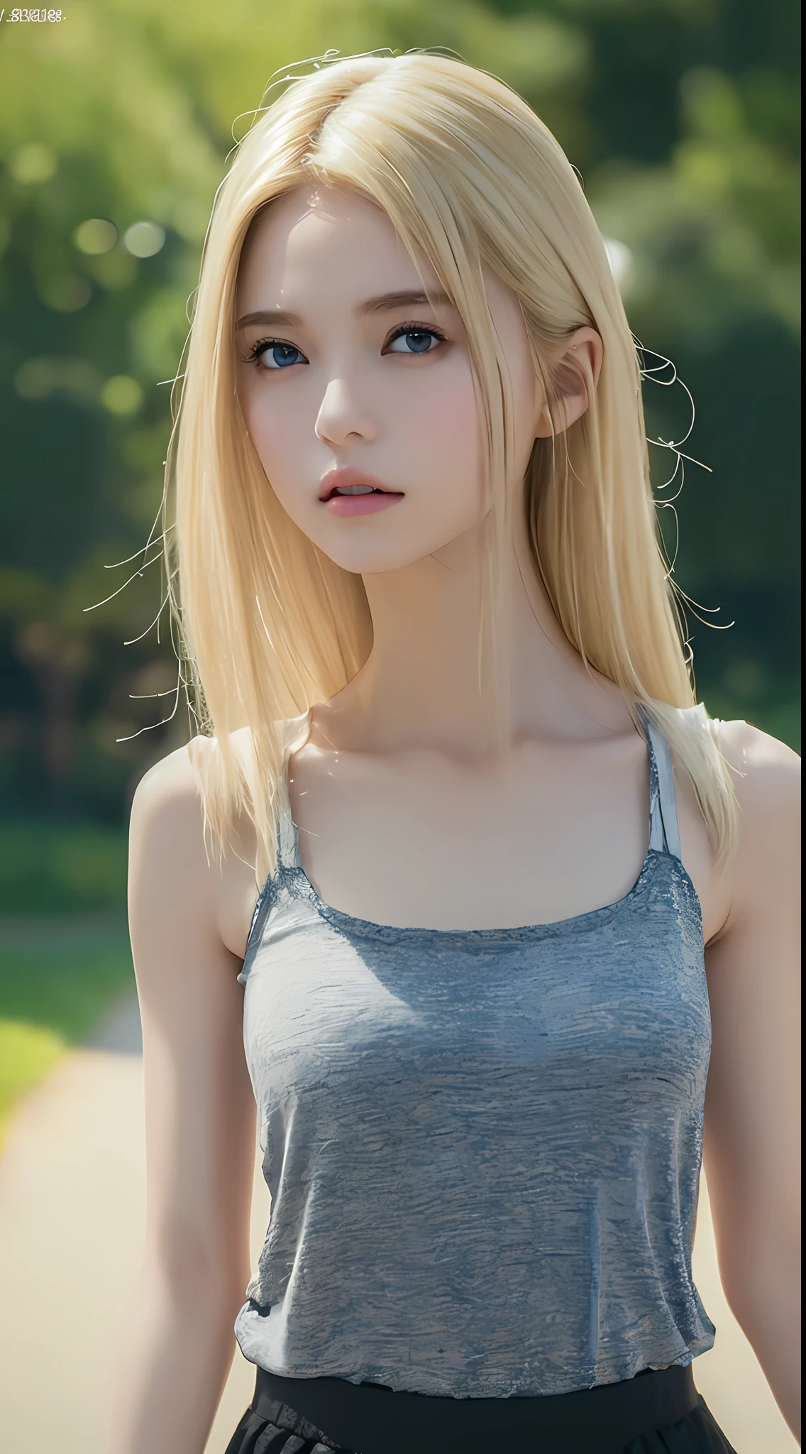 ((Best Quality, 8K, Masterpiece: 1.3)), Full Body, Focus Clear: 1.2, Outstanding Beauty: 1.4, Slender Abs: 1.2, ((Blonde, Big: 1.2)), Black Tank Top, Highly Detailed Face and Skin Texture, Detailed Eyes, Double Eyelids
