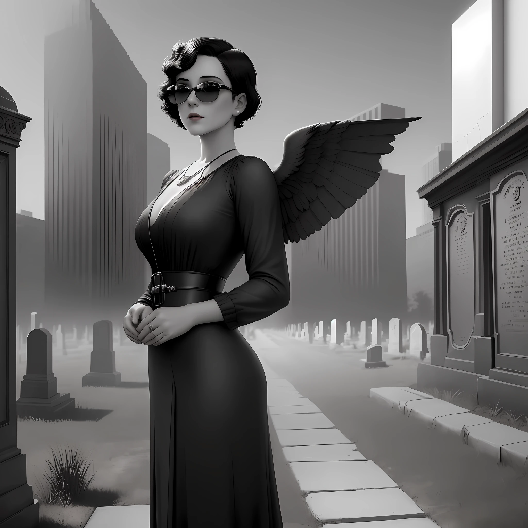 A woman with short hair, dressed 20's, wearing sunglasses, in a cemetery, before the figure of a sober angel, lonely, lonely and sad, melancholy, noir style, art deco, soviet art, buildings in the background, photorealistic painting, sharp focus, 8k, perfect composition, trend in artstation, award-winning photography, unreal engine 5, cinematic smooth, intricate detail,(realistic eyes), (perfect hands)