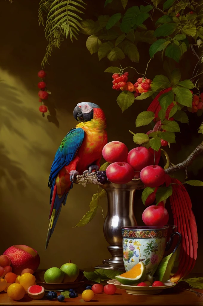 there is a parrot sitting on a branch next to a bowl of fruit, colorful hd picure, detailed painting 4 k, fruit and feathers, beautiful art uhd 4 k, 4k highly detailed digital art, amazing wallpaper, parrot, beautiful wallpaper, high quality wallpaper, 8k high quality detailed art, hd digital painting, beautiful digital artwork, digital painting highly detailed