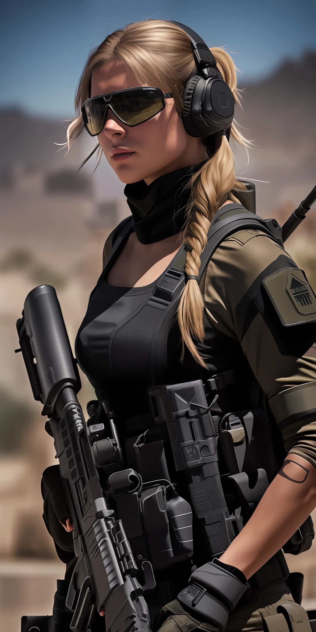 a woman in a black outfit holding a rifle and wearing headphones, soldier girl, mechanized soldier girl, military girl, beautiful female soldier, female lead character, ry girl, of a sniper girl in war, solo female character, future combat gear, close up half body shot, quiet from metal gear solid v, wearing tactical gear, dressed in tactical armor