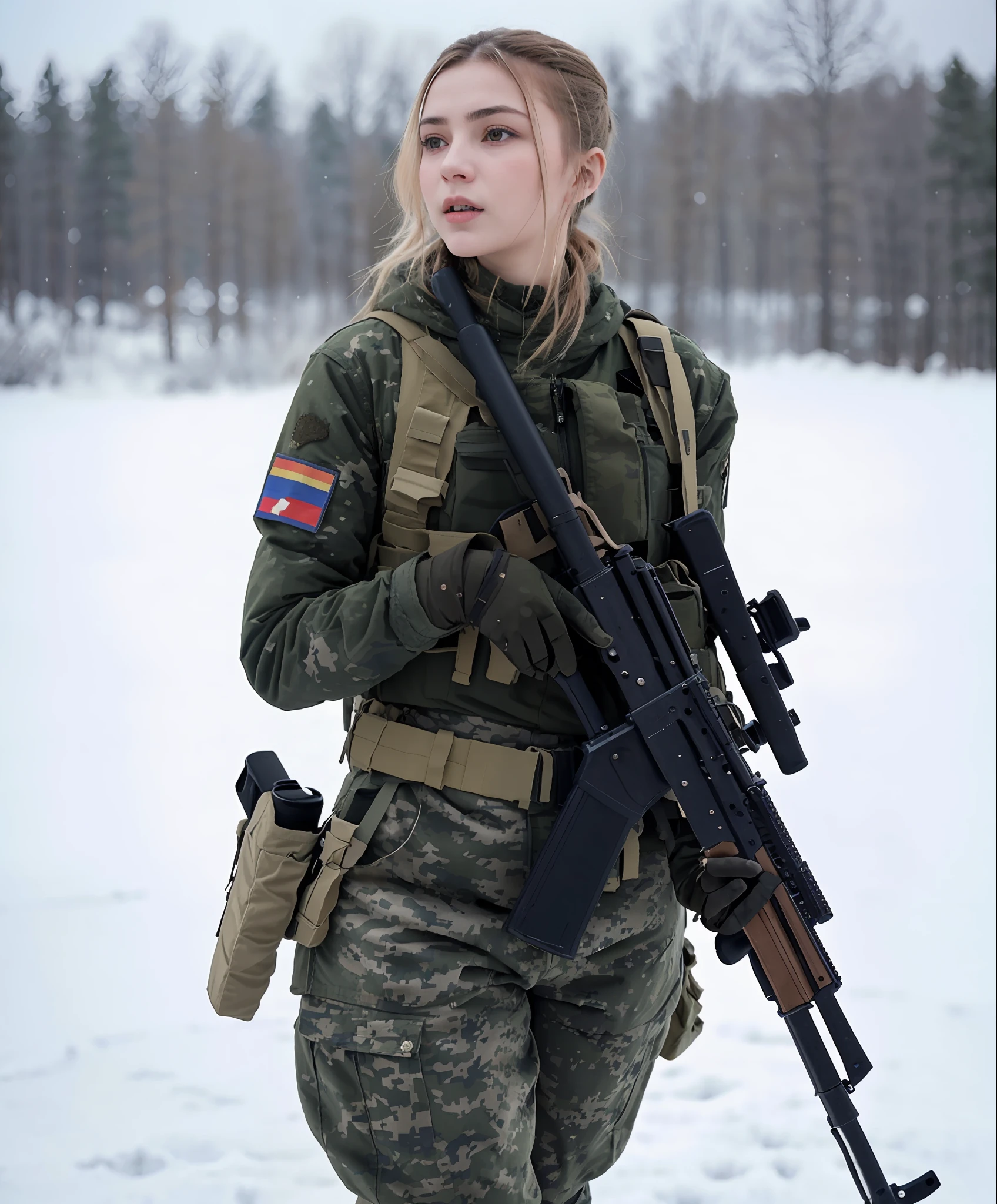 arafed female soldier with a rifle in the snow, olya bossak, russian national guard, russian girlfriend, military girl, with rifle, soldier girl, infantry girl, beautiful female soldier, yelena belova, anna nikonova aka newmilky, dasha taran, anastasia ovchinnikova, russian style, viktoria gavrilenko