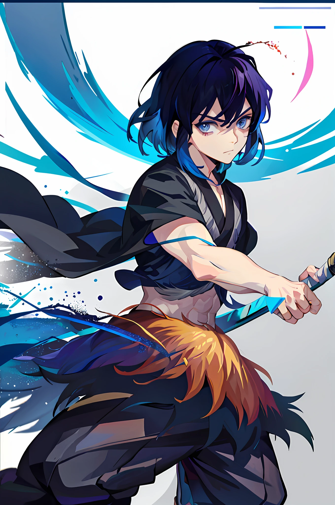 Inosuke hashibira, anime guy with blue hair and no shirt holding a sword, handsome guy in demon slayer art, gapmoe yandere, (sfw) safe for work, badass anime 8 k, handsome japanese demon boy, okata kazuto, handsome anime pose, gapmoe yandere grimdark, muscular!!, male anime character, 2 d anime style, long black pants, close up, close up face,