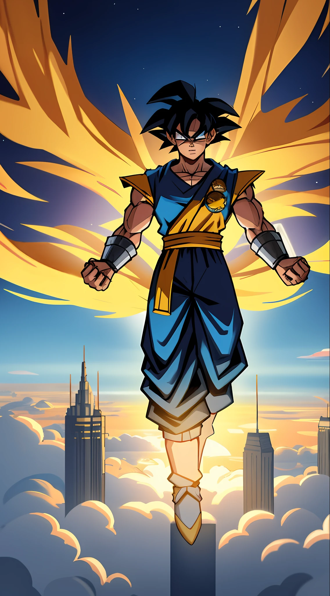 Goku em Bespin, a powerful warrior from another planet, trains in the floating city of Bespin high above the clouds. The futuristic cityscape is awe-inspiring, with towering skyscrapers and bustling air traffic. Goku trains with intense focus, surrounded by a calm and serene atmosphere that belies the city's frenetic energy. The atmosphere is filled with a sense of anticipation, as if Goku is preparing for an impending battle. The lighting is dim, with a diffuse, yellow hue that casts long shadows on the ground, adding to the pensive mood #endl