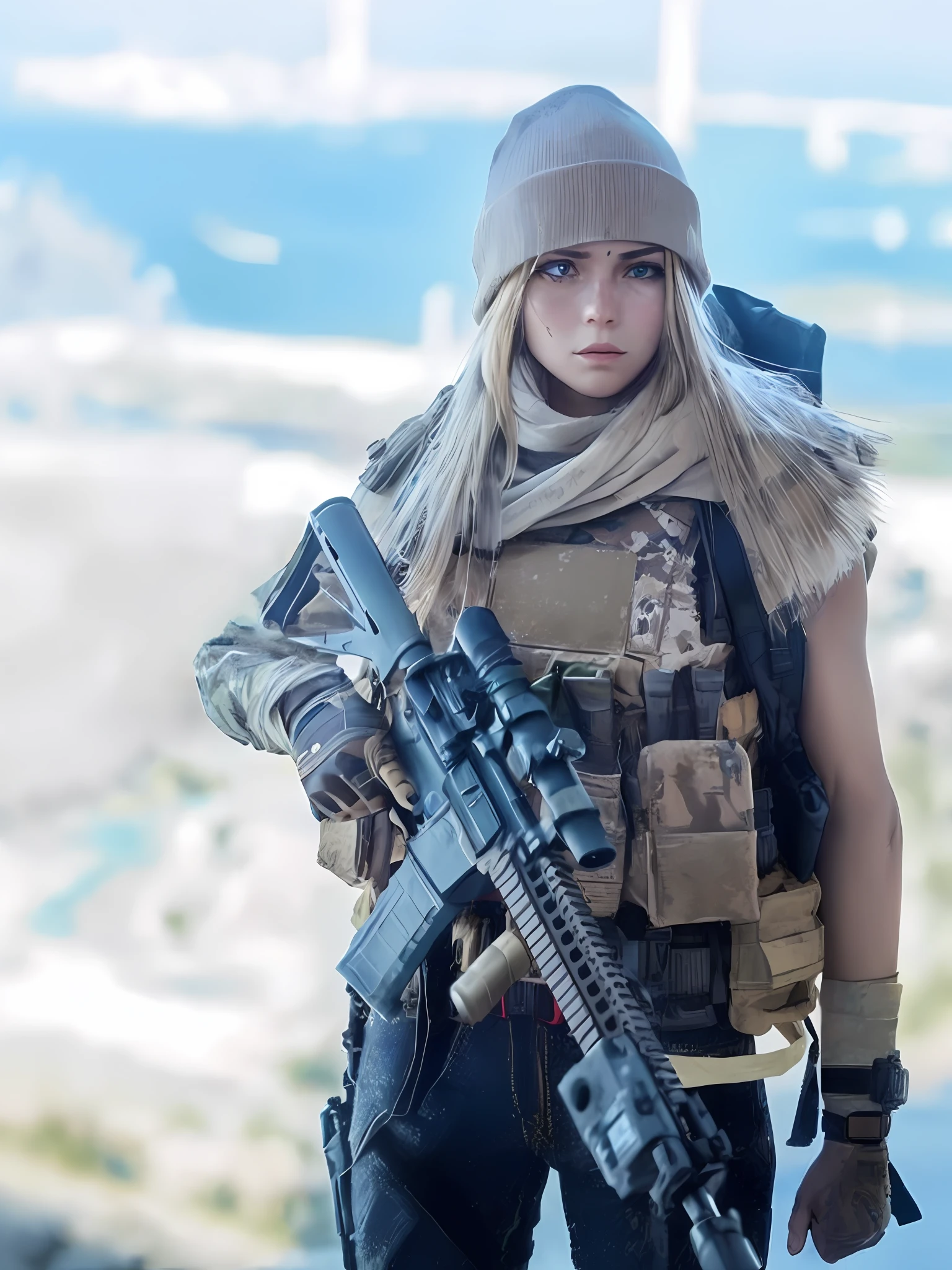 arafed woman with a gun and a hat on a ledge, mechanized soldier girl, m4 sopmod ii girls frontline, of a sniper girl in war, soldier girl, military girl, beautiful female soldier, infantry girl, quiet from metal gear solid v, quiet from metal gear solid, with rifle, portrait of soldier girl, closeup portrait shot, soldier