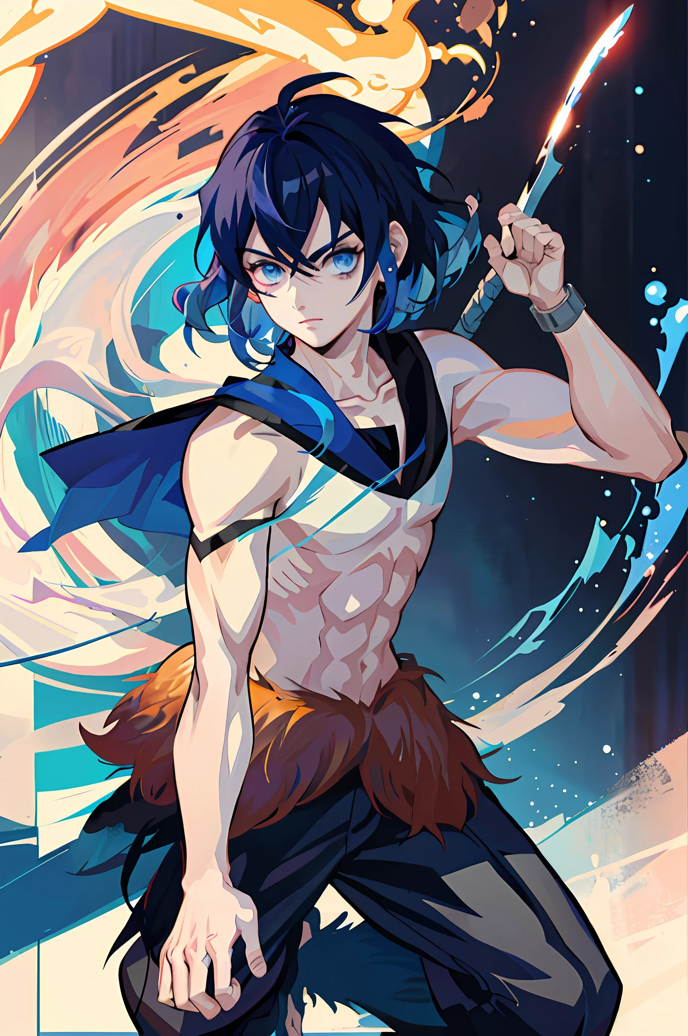 Inosuke hashibira, anime guy with blue hair and no shirt holding a sword, handsome guy in demon slayer art, gapmoe yandere, (sfw) safe for work, badass anime 8 k, handsome japanese demon boy, okata kazuto, handsome anime pose, gapmoe yandere grimdark, muscular!!, male anime character, 2 d anime style, long black pants, close up, close up face,