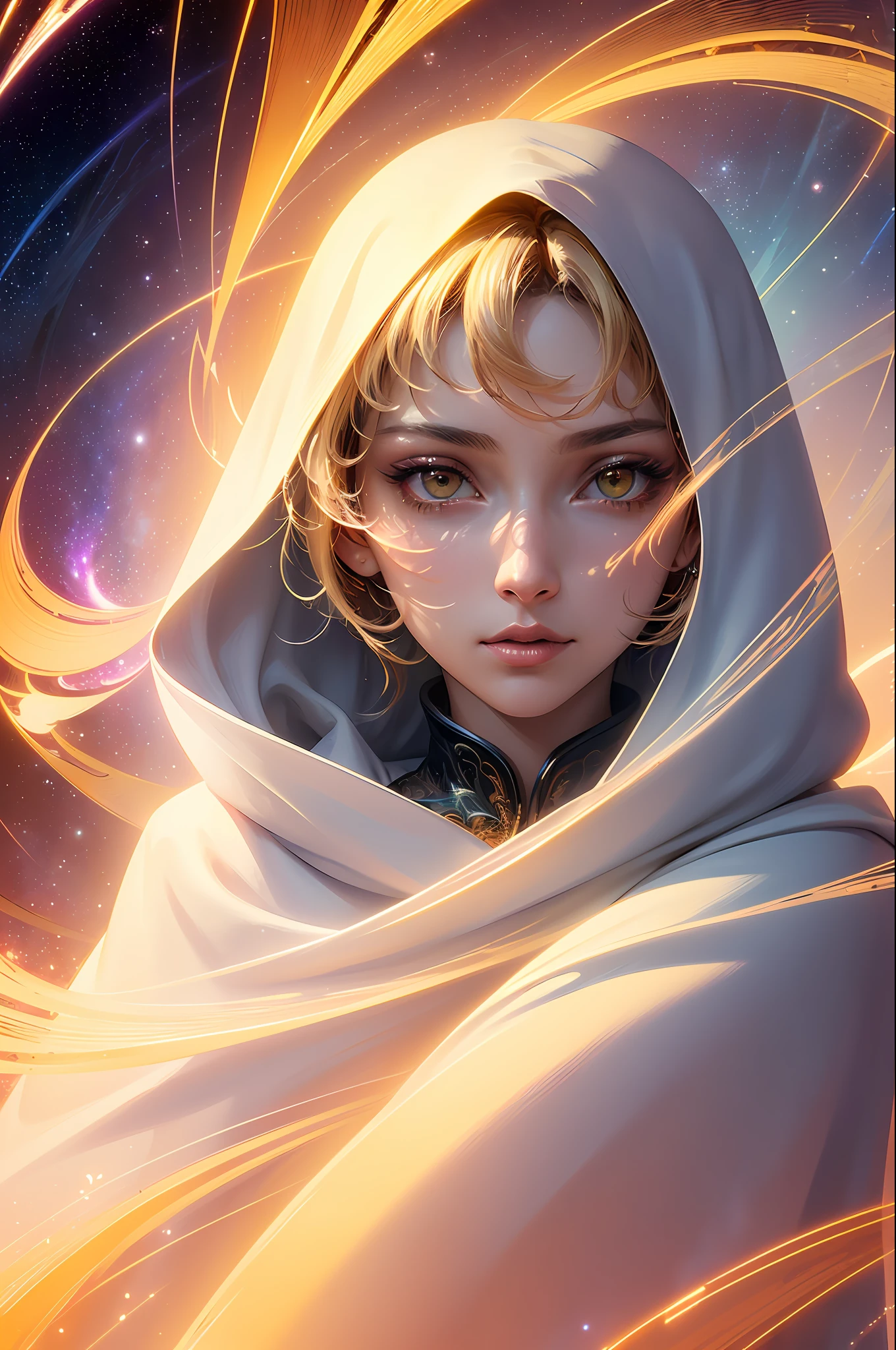 (masterpiece, top quality, best quality, official art, beautiful and aesthetic:1.2), (1girl), extreme detailed eyes, (fractal art:1.3), colorful, highest detailed, (perfect face), shiny skin, HDR, (white cloak golden lines:1.2), galaxy, (light streaks), striking visuals, (dynamic streaks, luminous trails:1.2), vibrant colors, (phoenix), (dragon)